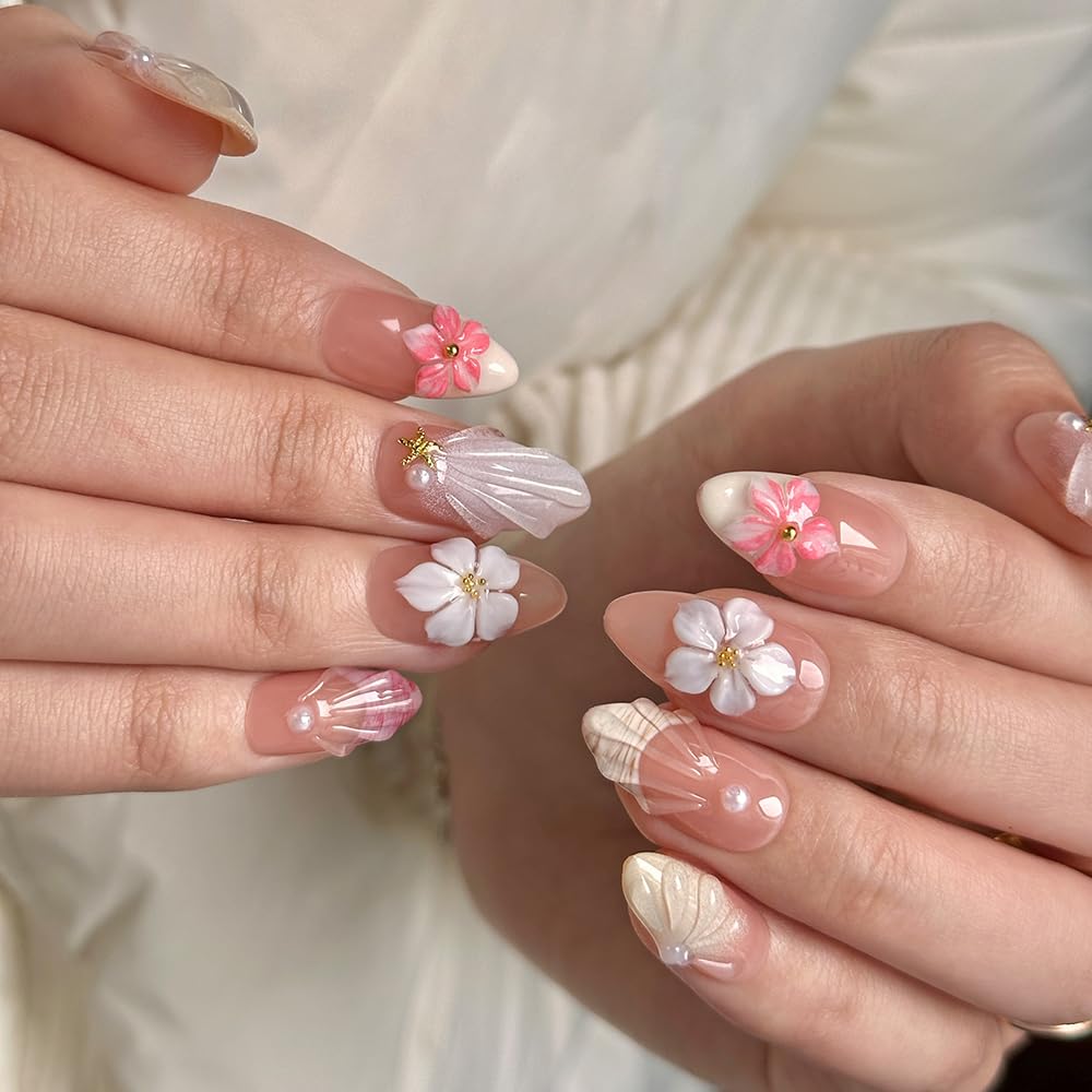 Medium - press on nails Maglfell Luxury Almond 3D False Nails Women Reusable Acrylic Finger Printed Nail Tip French Salon handmade Design Artificial fake nails -M-size