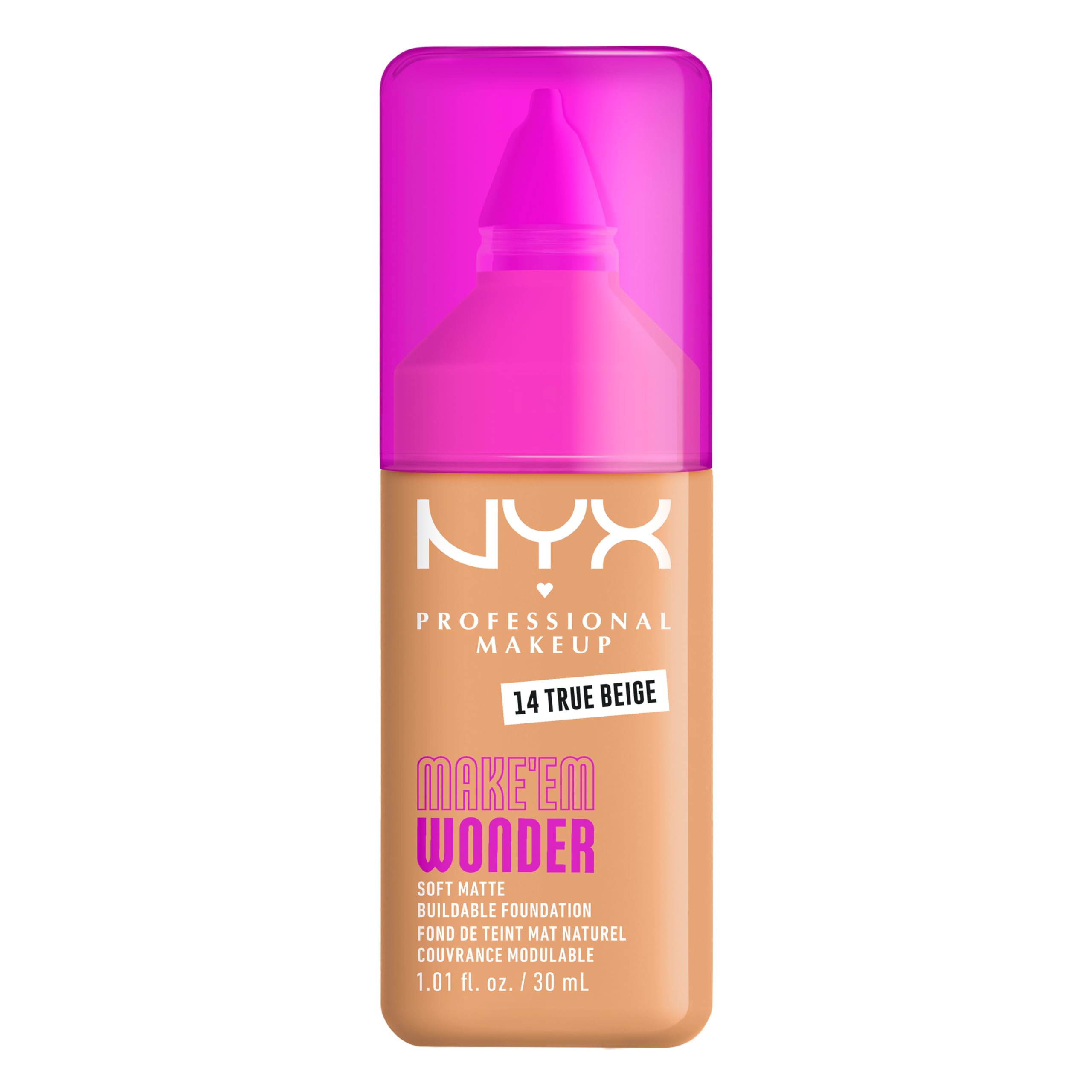 NYX PROFESSIONAL MAKEUP Make 'Em Wonder Liquid Foundation, 24HR Foundation Makeup With A Soft Matte Finish, Buildable Full Coverage - 14 True Beige