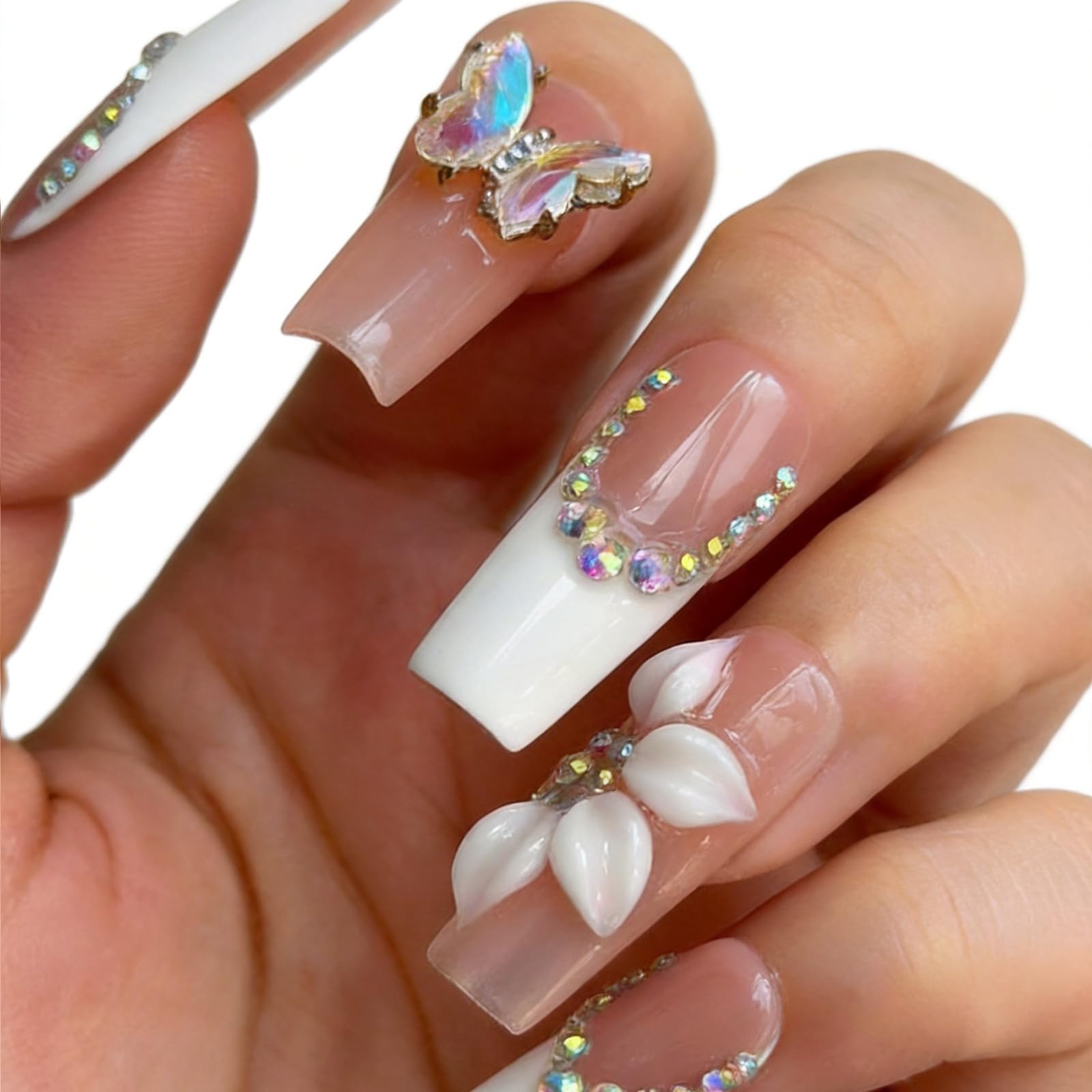 Luxury Handmade Press on Nails - Long Square White French Tips Press on Nai,l with Almond 3D Rhinestones, Flowers & Butterflies, Acrylic Multi-Layer Gel False Nails for Women (10Pcs) S SIZE