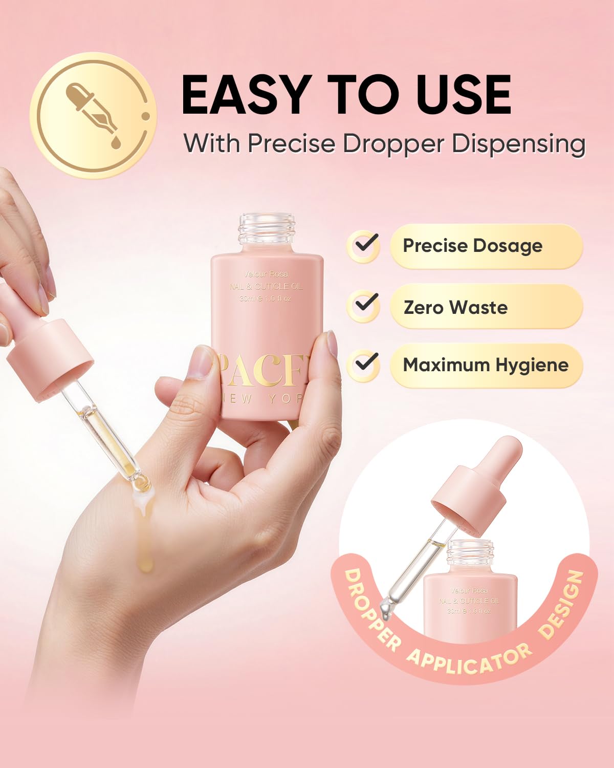 PACFE Velour Rosa Nail and Cuticle Oil - 100% Natural Plant-Based Treatment with Jojoba oil, Squalane & Vitamin E - Deep Hydration for Dry Damaged Nails & Cuticle - Non-Greasy, Rose Scent, 1.0 fl oz