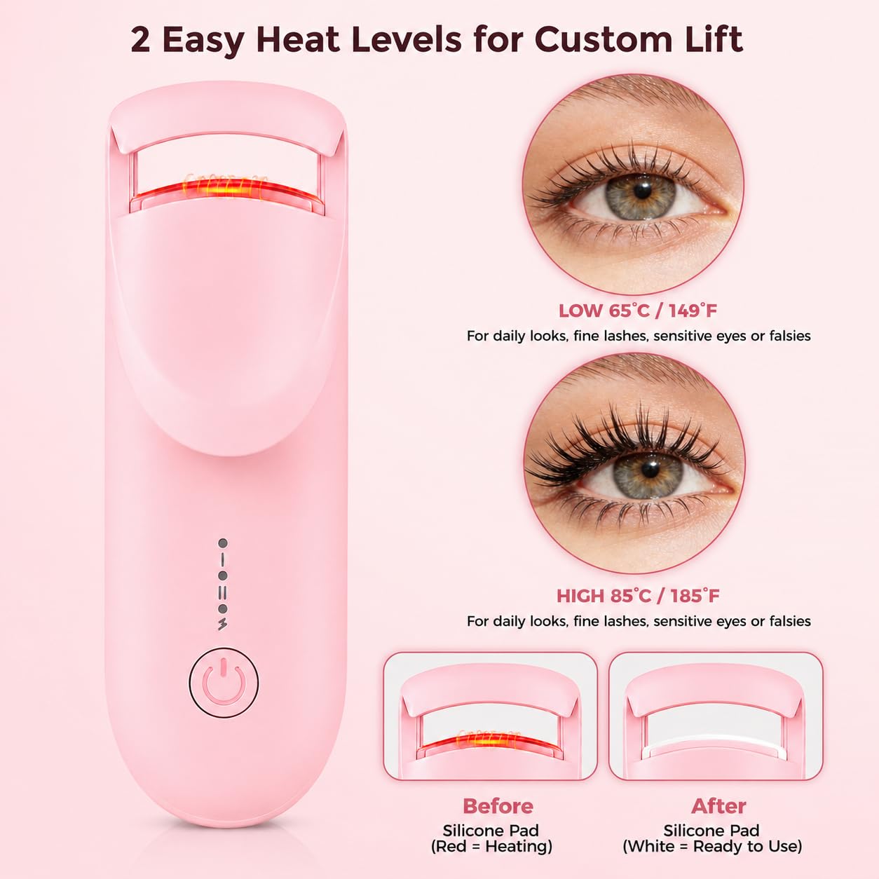 Heated Eyelash Curler, Anti-Burn Safe Heat with Upgraded Liquid Silicone Pad, 24H Natural C-Curl, 2 Heat Levels, 8s Fast Heat-Up, USB-C Rechargeable, Wide-Arch for Fine, Thick & Hard-to-Curl Lashes