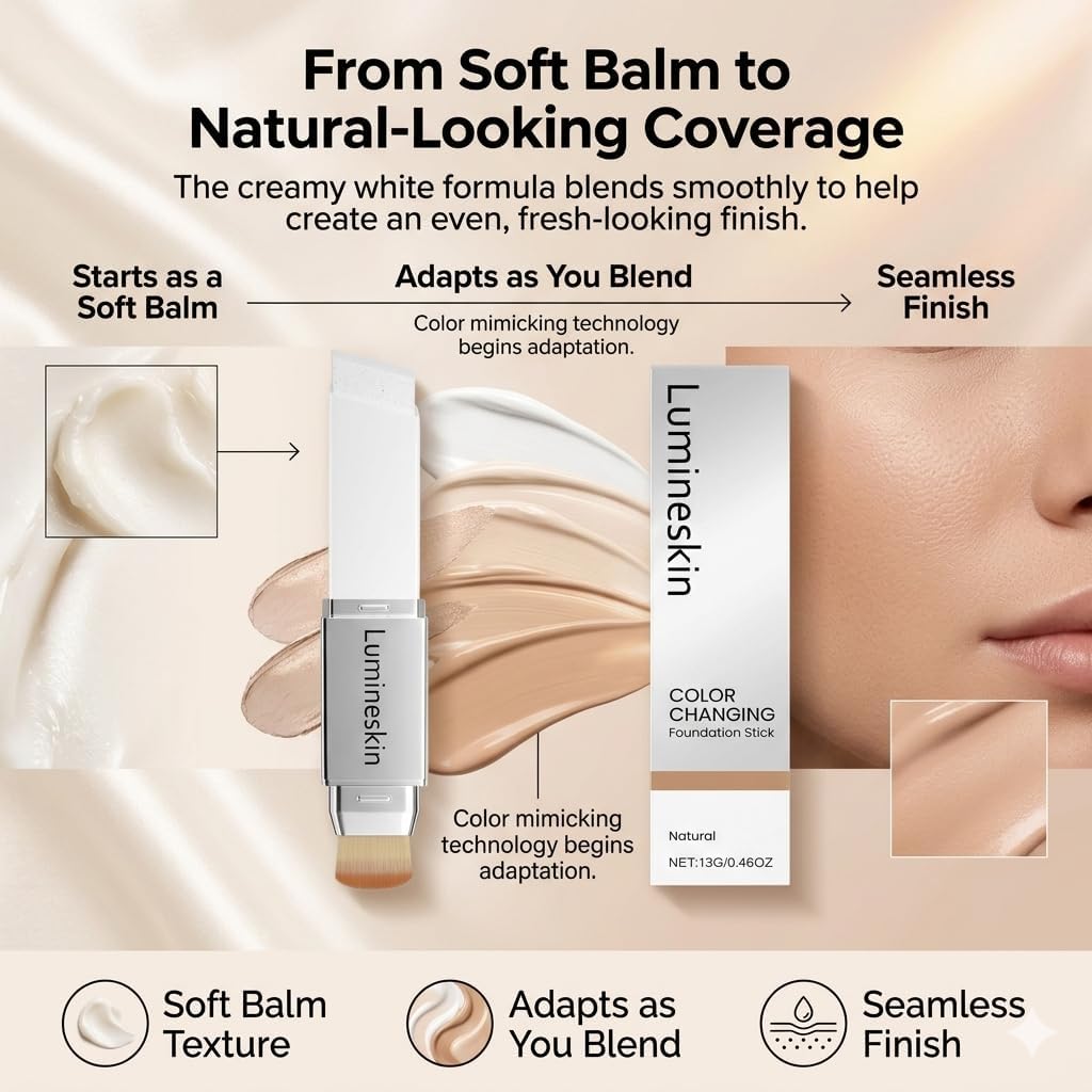 Official Lumineskin Cover Cream Stick-V Color Changing Foundation Stick - Hydrating Concealer Base Makeup, Dual-Ended with Built-in Brush, Portable for Daily Use (Natural)