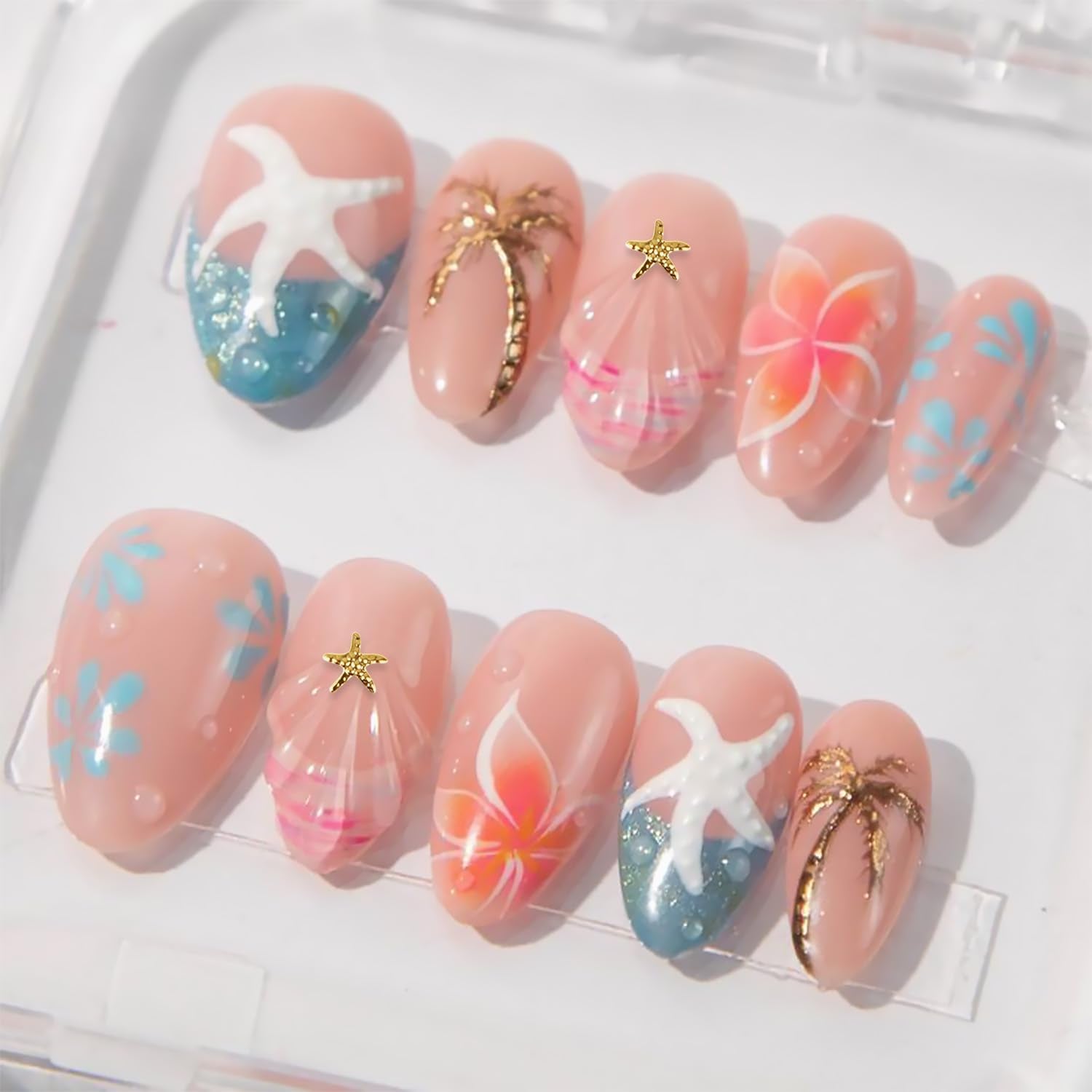 30 PCS Beach Press on Nails Medium Almond Fake Nails Blue French Tip False Nails with 3D Starfish Designs Glue on Nails Summer Coconut Trees Stick on Nails Flower Full Cover Acrylic Nails for Women