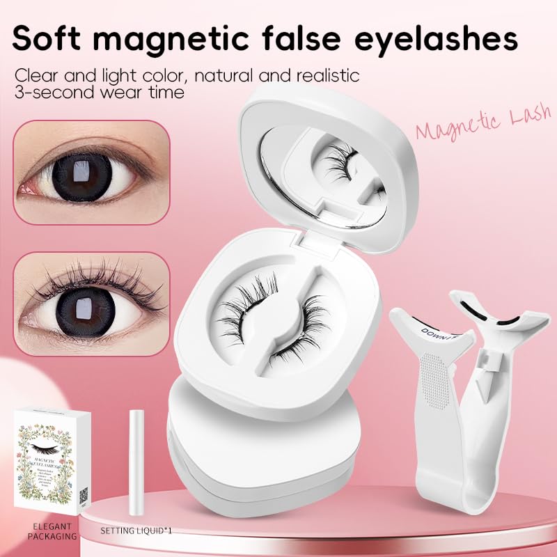 Magnetic Eyelashes Kit Asian with Applicator, Reusable No Glue Lashes, Natural Look Lashes Set, Easy to Wear and Remove (Cherry Blossom Black【Flower Gift Box】+ Styling Liquid)