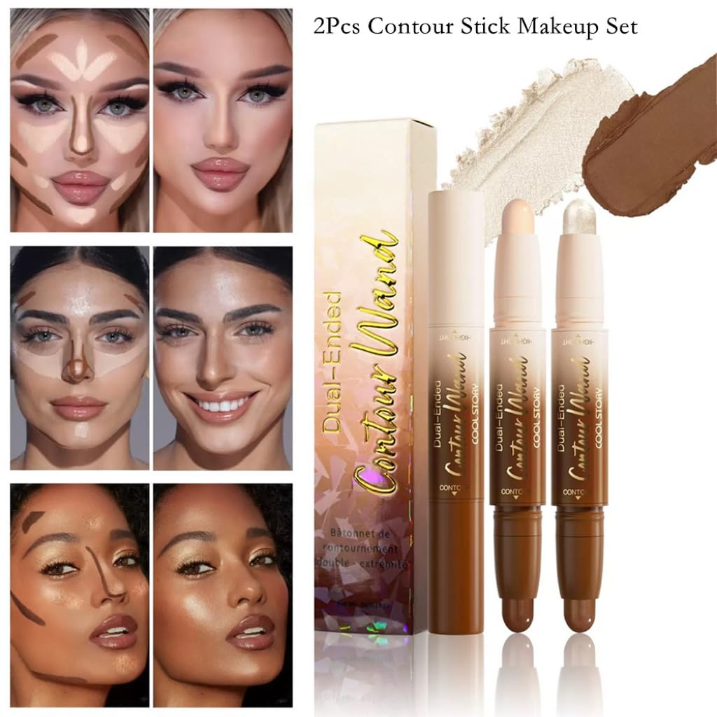 Contour Stick Makeup Set, 2 Dual-Ended Highlighter Makeup Pens & Face Shaping Contouring Sticks, Long-Lasting Waterproof Cream bronzer and Highlighter Sticks, Suitable for All Skin Tones