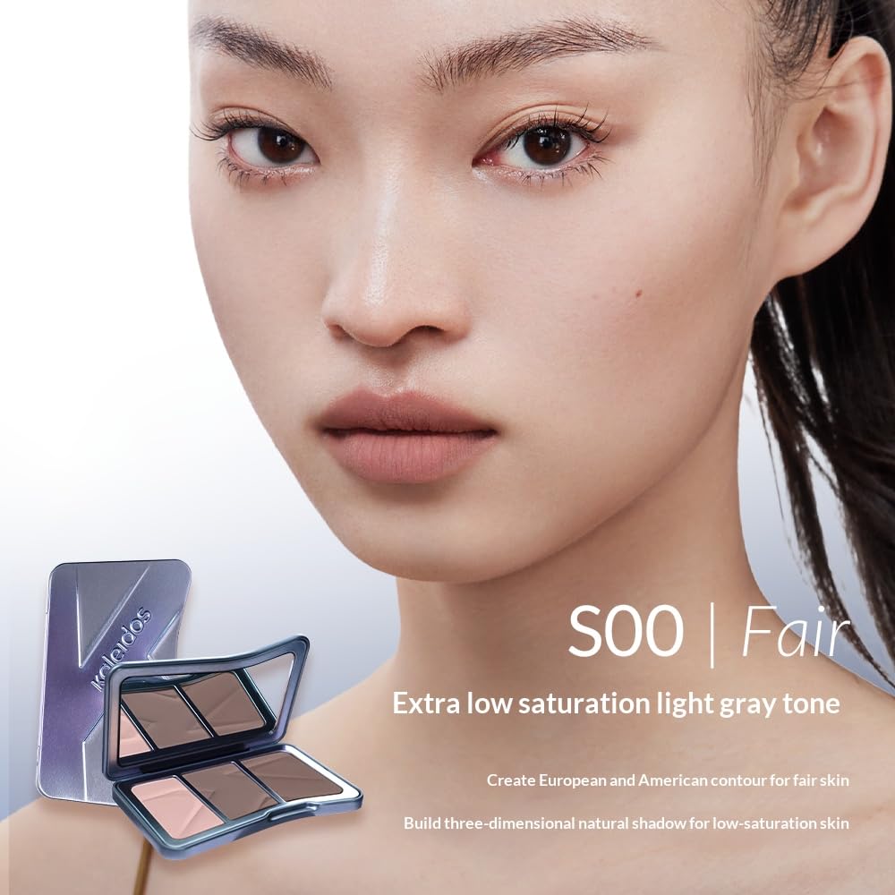 Kaleidos Tri-Color Contour Palette, Matte Nose Shadow Highlighter and Shading Powder with Brush, Natural Finish (S00 Fair, 13g)