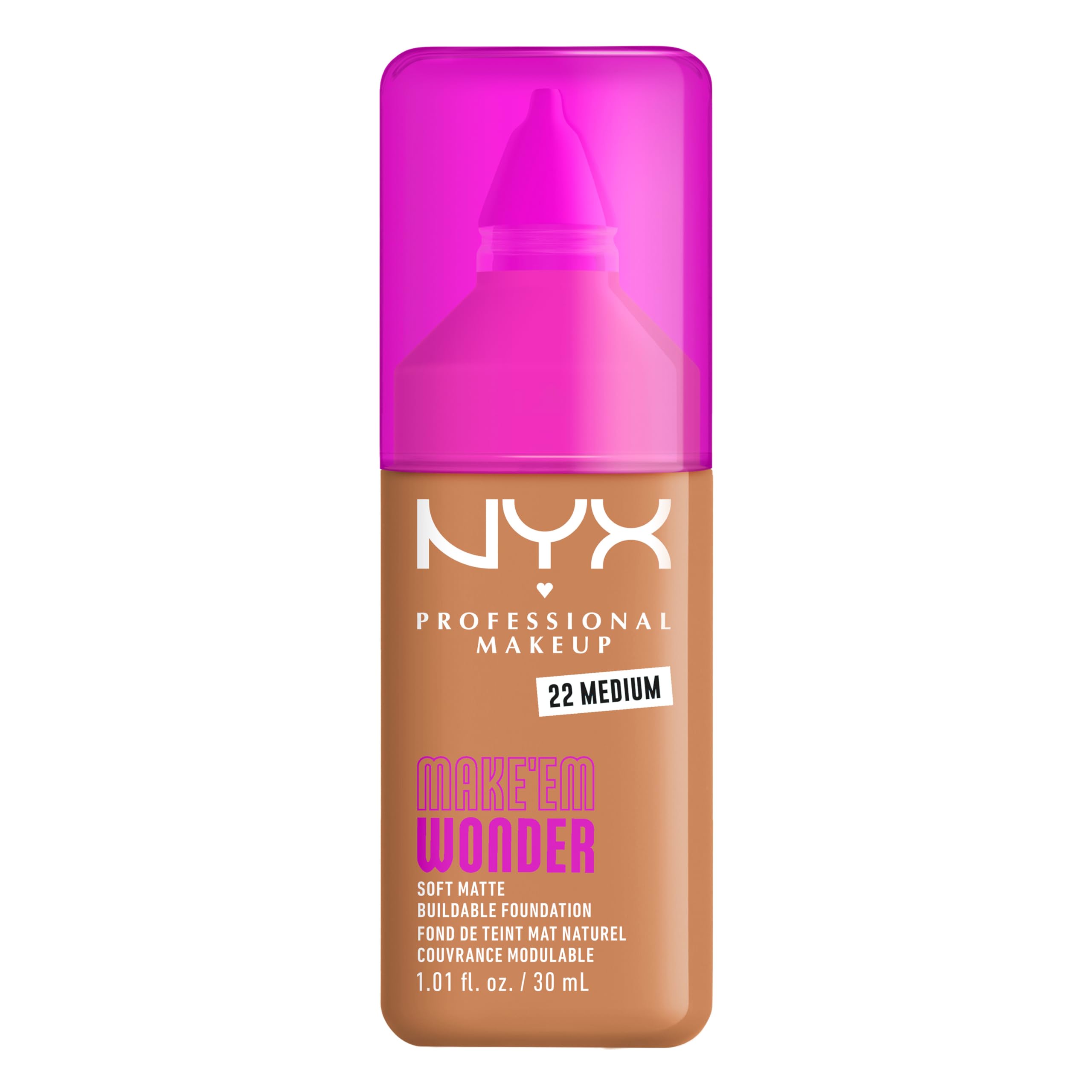 NYX PROFESSIONAL MAKEUP Make 'Em Wonder Liquid Foundation, 24HR Foundation Makeup With A Soft Matte Finish, Buildable Full Coverage - 22 Medium