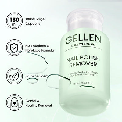 Gellen Nail Polish Remover with Lint Free Nail Wipes, 6.1 Fl.Oz Non Acetone Polish Remover Jasmine Scent, 200PCS Soft Non-Woven Nail Polish Remover Pads in One Kit for DIY at Home Salon Nail Supplies