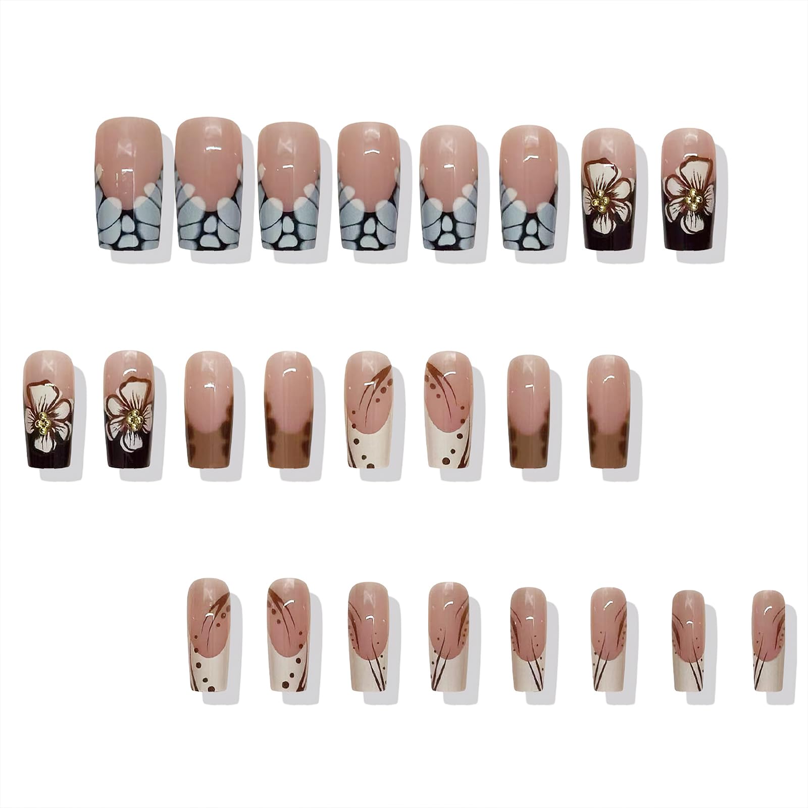 ROFIBUT French Tip Press on Nails Medium Square Fake Nails Glossy Autumn Brown Leopard Print Coffin False Nails Cute White Flowers with Gold Bead Designs Reusable Floral Glue on Nails for Women 24Pcs