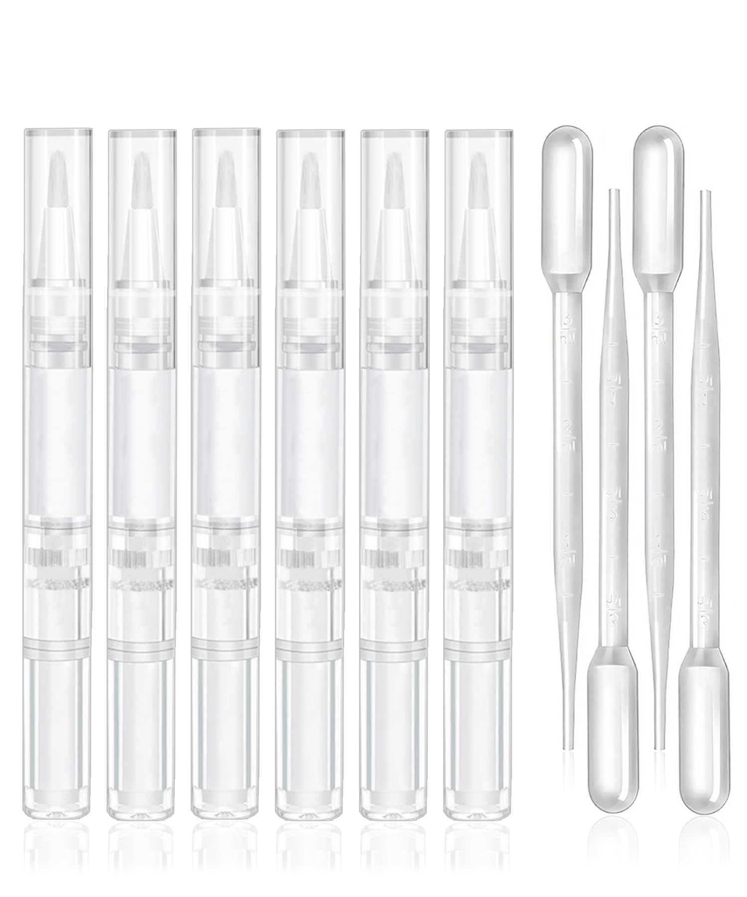 uadbau 6 Pcs 3ml Empty Cuticle Oil Pen with 4 Pcs Transfer Pipettes - Transparent Nail Oil Twist Pens with Brush Tip for Nail Oil, Eyelash Growth Liquid, Cosmetic Lip Gloss Container Applicators