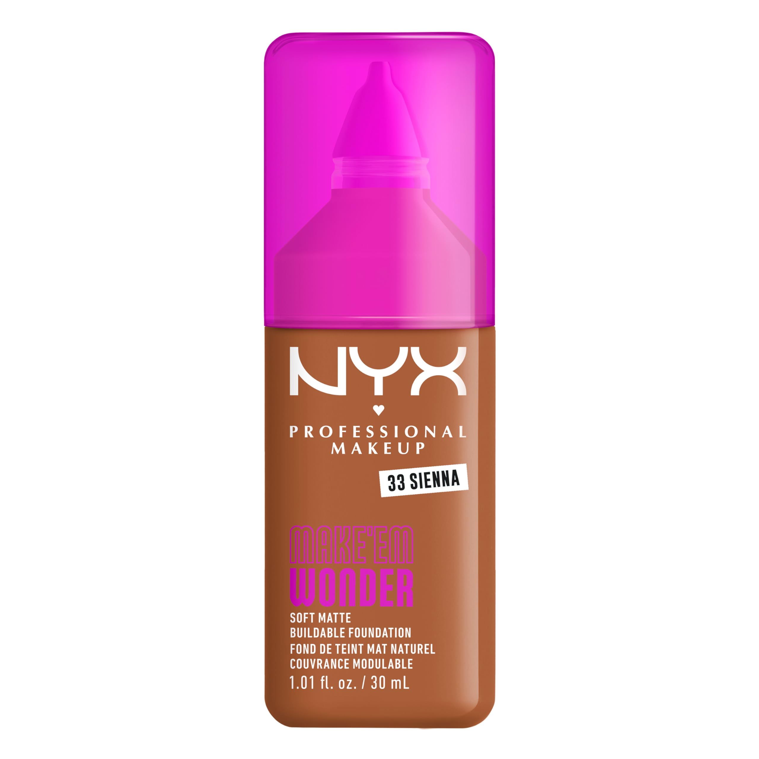 NYX PROFESSIONAL MAKEUP Make 'Em Wonder Liquid Foundation, 24HR Foundation Makeup With A Soft Matte Finish, Buildable Full Coverage - 33 Sienna
