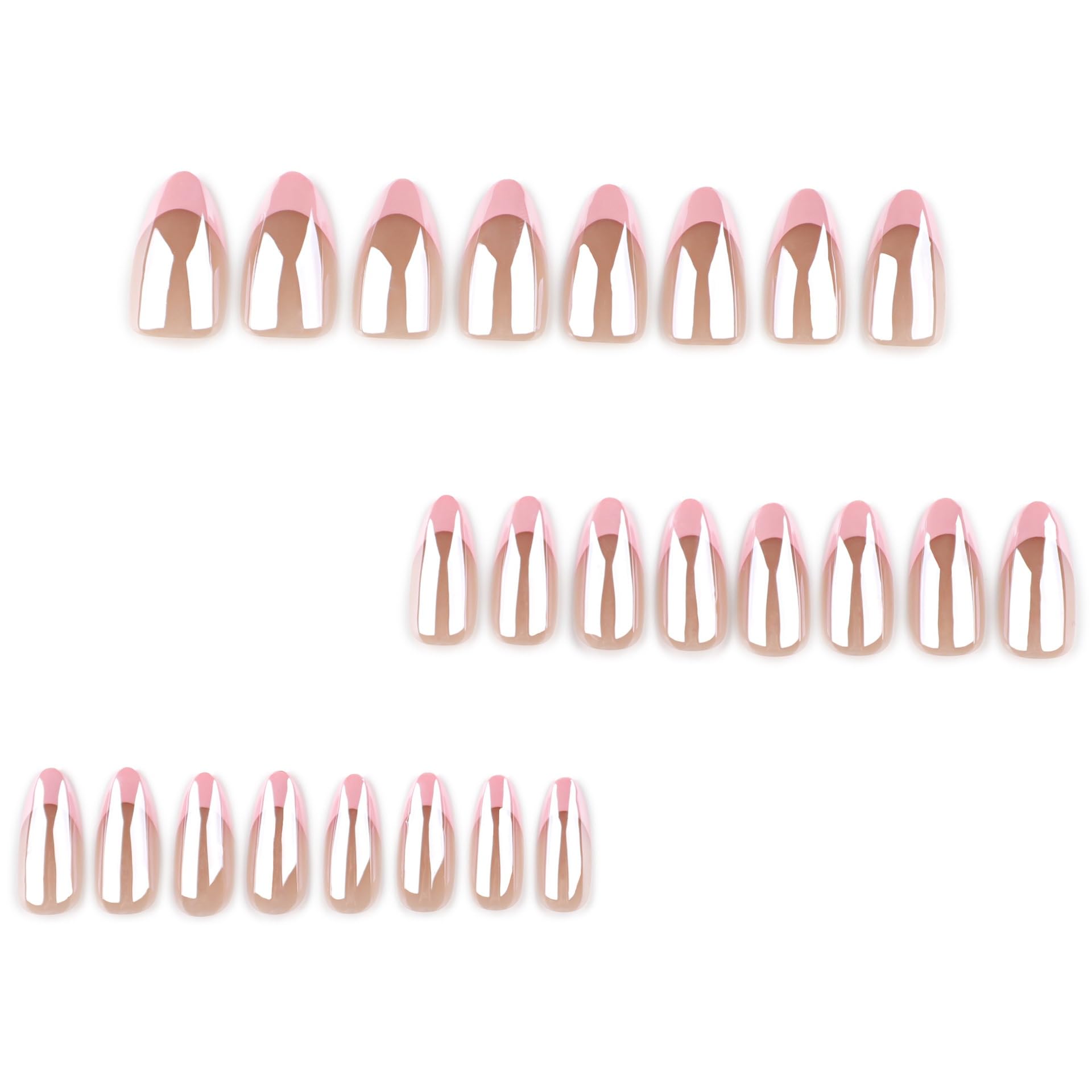 Press on Nails Short Medium Almond French Pink Fake Nails with Aurora Design Full Cover Artificial False Stick Glue ons Acrylic Nail for Women 24PCS
