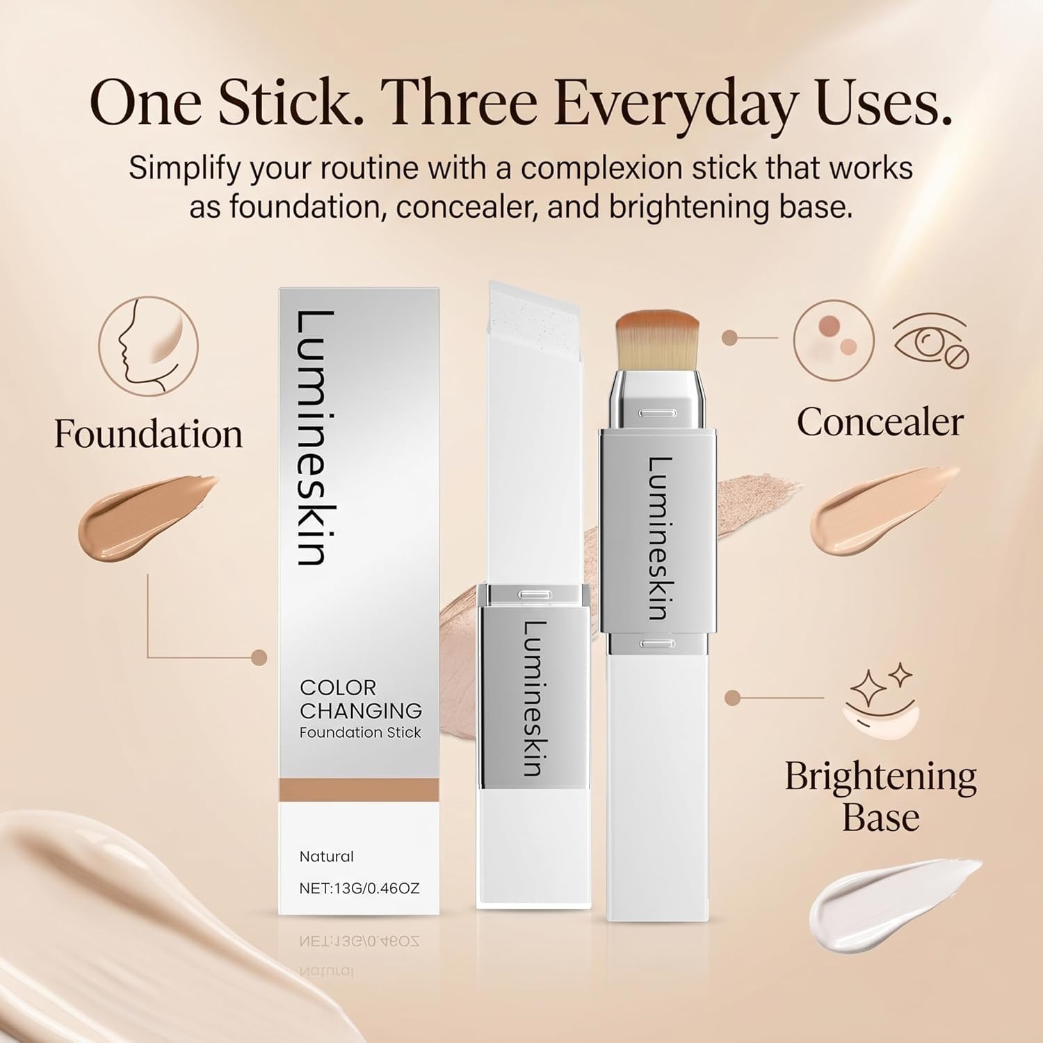 Official Lumineskin Cover Cream Stick-V Color Changing Foundation Stick - Hydrating Concealer Base Makeup, Dual-Ended with Built-in Brush, Portable for Daily Use (Natural)