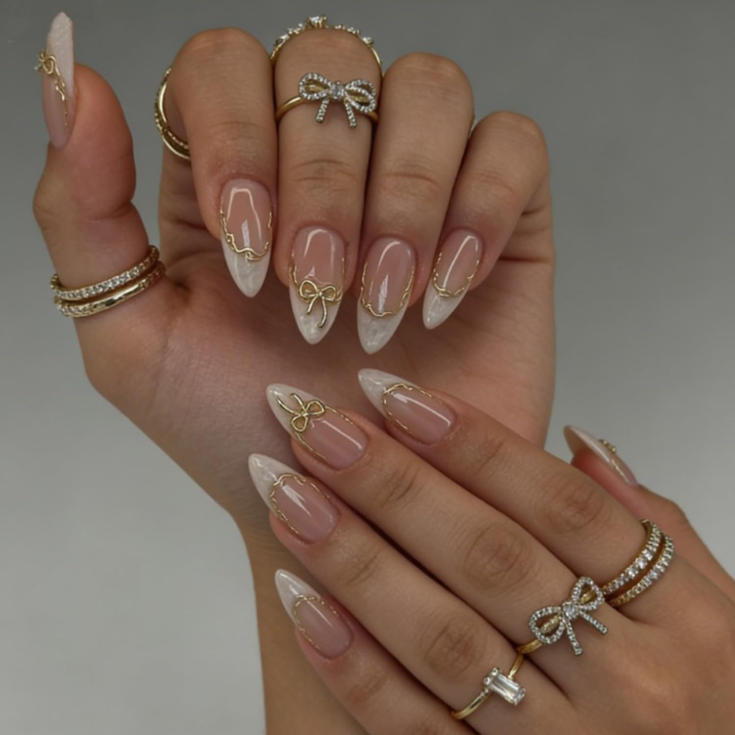24Pcs French Press on Nails Almond Fake Nails Tip with 3D Gold Bow Lines Design White French Nails Exquisite Cute Bows False Nails Artificial Nails Acrylic Stick on Nail for Women Manicure Decoration