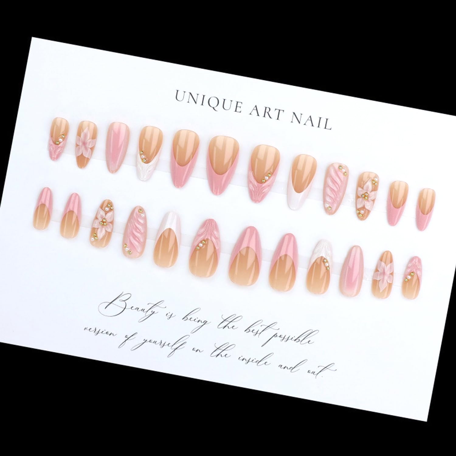 24Pcs Pink Flower Press on Nails Medium Almond French Tip Fake Nails with 3D Gold Beads Pearl Design Cute Flowers False Nail Nude Glossy Full Cover Spring Summer Floral Acrylic Stick on Nail for Women