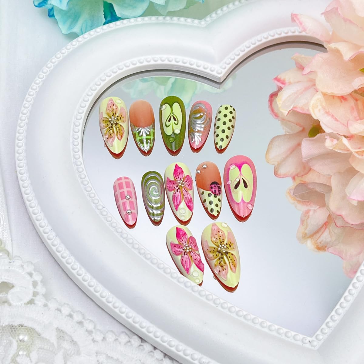 24Pcs Y2k Press on Nails French Tips Long Almond Fake Nails Fruit Polk Dot Glue on nails 3D Flower Cut Apple Design False Nails Full Cover Silver Line Handmade Nail for Women Decor