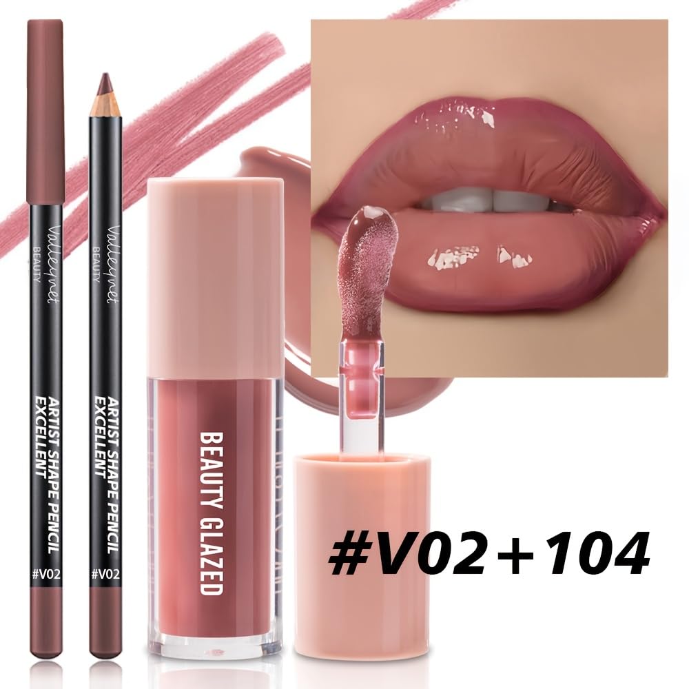 2Pcs/Set Lip Gloss & Lip Liner Set Mocha Brown – Lip Plumping Effect Lip Combo Set for Volume Lips, Fuller Looking Lips, High Shine Glass Lips Look, Gradient Lips & Over Lip Makeup Viral Lip Combo