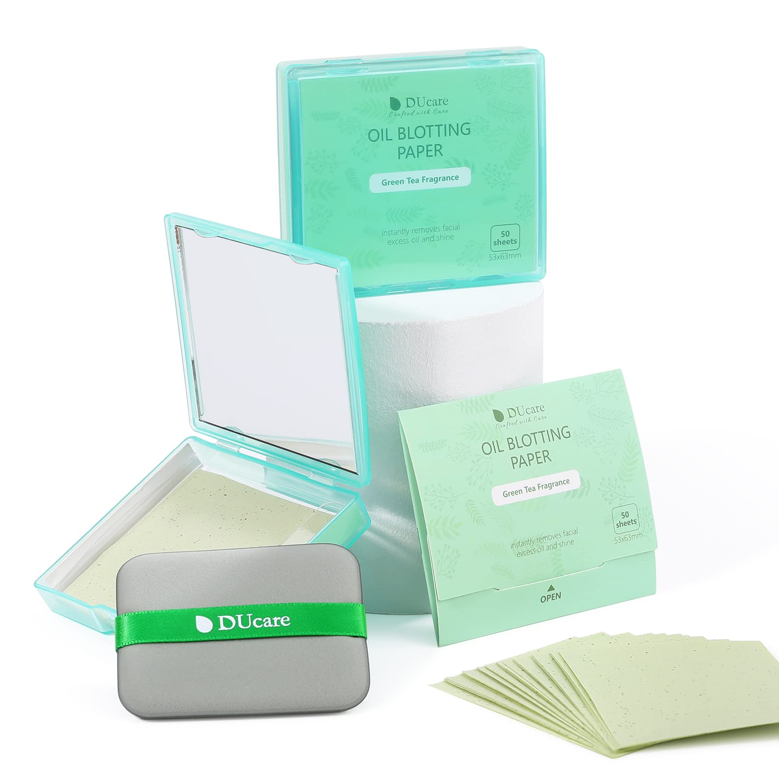 DUcare Oil Blotting Sheets for Face Green Tea Blotting Paper For Oily Skin with Portable Mirror Case & Makeup Puff, Oil Absorbing Sheets For Face 100 Counts