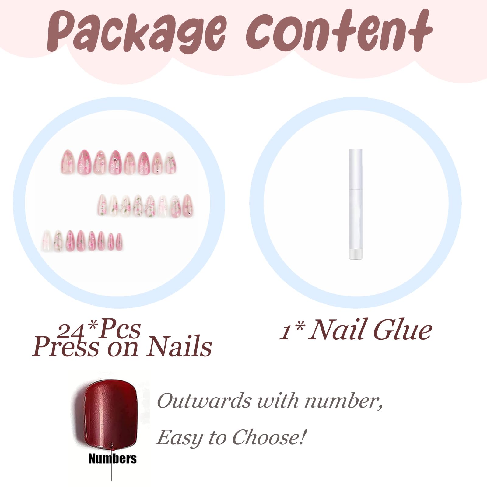 BABALAL Almond Press on Nails Medium Fake Nails Pink Glue on Nails Flower Heart Charm Design Acrylic Nails 24Pcs Coquette Handmade False Nails