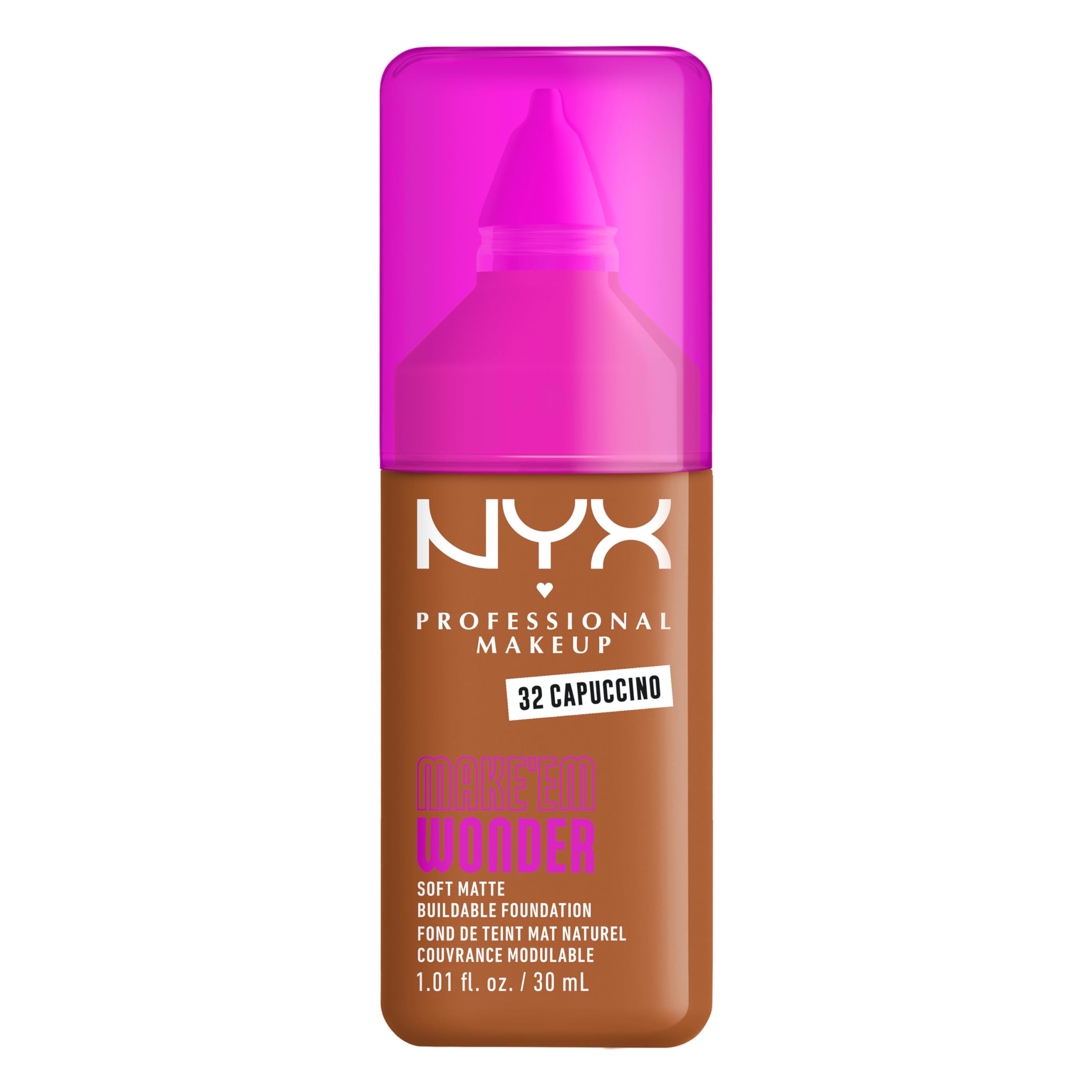 NYX PROFESSIONAL MAKEUP Make 'Em Wonder Liquid Foundation, 24HR Foundation Makeup With A Soft Matte Finish, Buildable Full Coverage - 32 Cappuccino