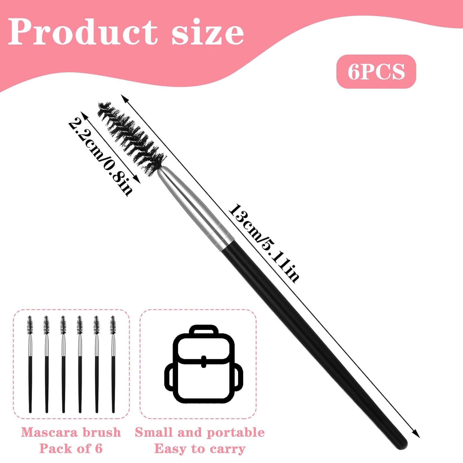 6 Pack Eyelash Brush Eyebrow Spoolie Reusable Mascara Brush Wands Black Portable Eye Brushes Makeup Lash Spoolies Set for Eyelash Extension Makeup Lifting Eyebrow