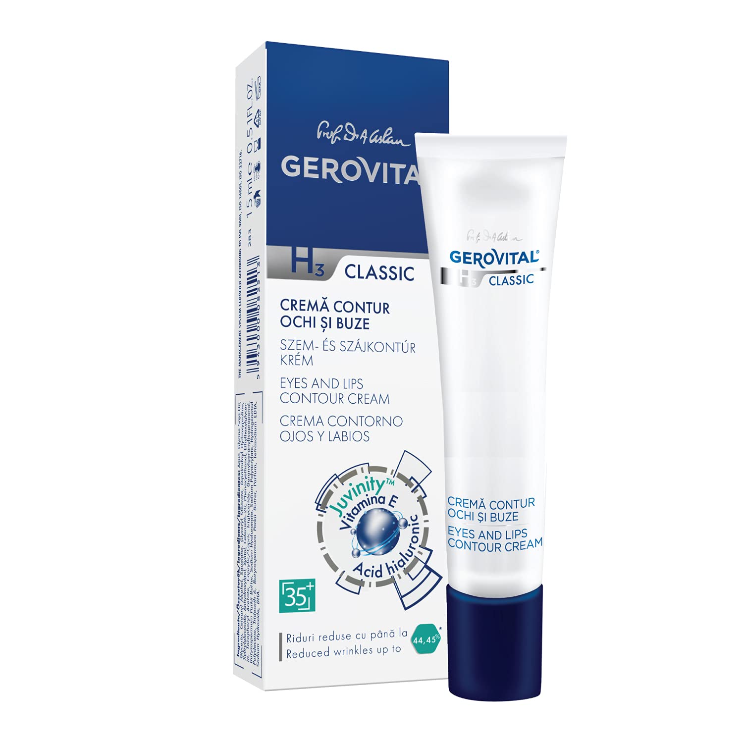 GEROVITAL CLASSIC Anti-wrinkle around Eyes and Lips Lifting Cream with Hyaluronic Acid, Vitamin E and Juvinity™ for Dark Circles, Fine Lines & Wrinkles, 15 ml
