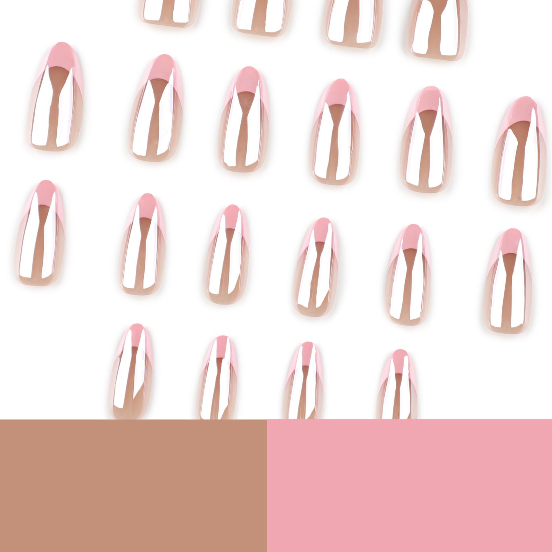 Press on Nails Short Medium Almond French Pink Fake Nails with Aurora Design Full Cover Artificial False Stick Glue ons Acrylic Nail for Women 24PCS