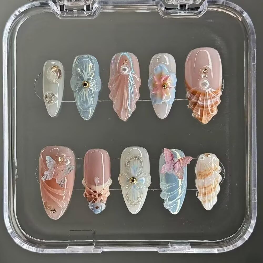 MAGLFELL 10PCS Handmade Nails Press On Nails Almond Art False Nails Women's Nails Kit 3d Press on nails,Small Size