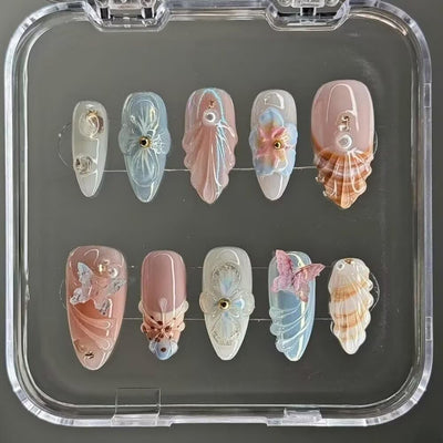 MAGLFELL 10PCS Handmade Nails Press On Nails Almond Art False Nails Women's Nails Kit 3d Press on nails,Small Size