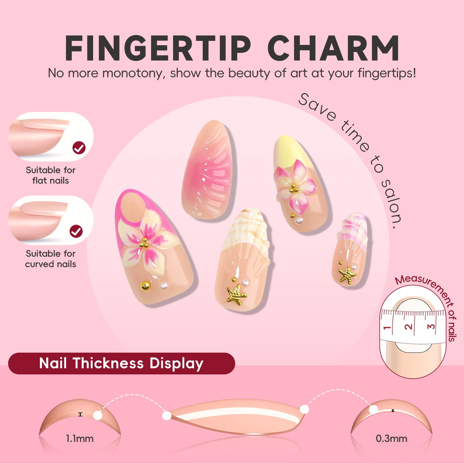 HOSAILY Pink Press on Nails Short Almond Milky Butter Yellow French Tip Pink Ombre 3D Flower Gold Starfish Rhinestone Gold Beads Beach Vacation Glossy Handmade Summer Cute Nails for Women(30Pcs)