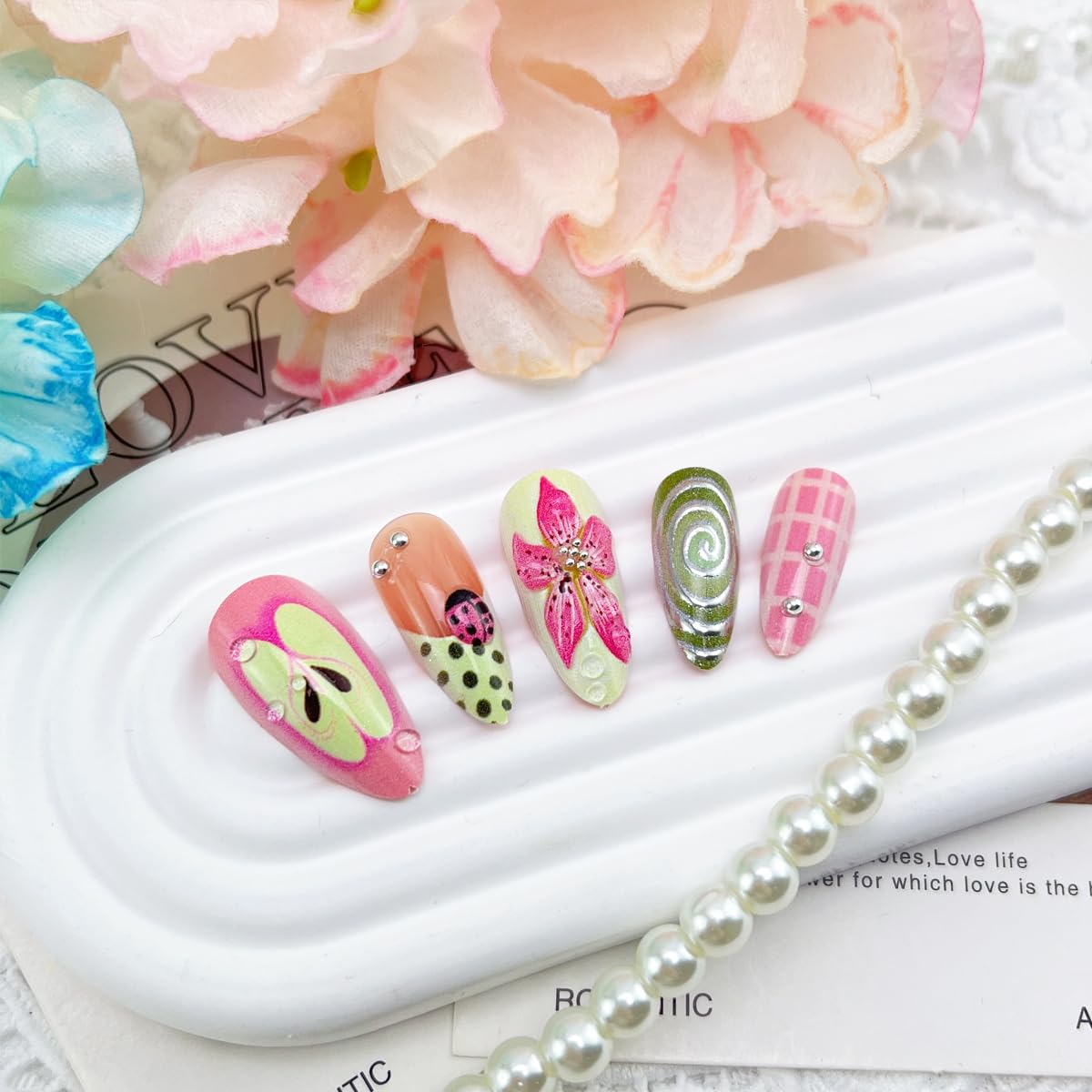 24Pcs Y2k Press on Nails French Tips Long Almond Fake Nails Fruit Polk Dot Glue on nails 3D Flower Cut Apple Design False Nails Full Cover Silver Line Handmade Nail for Women Decor