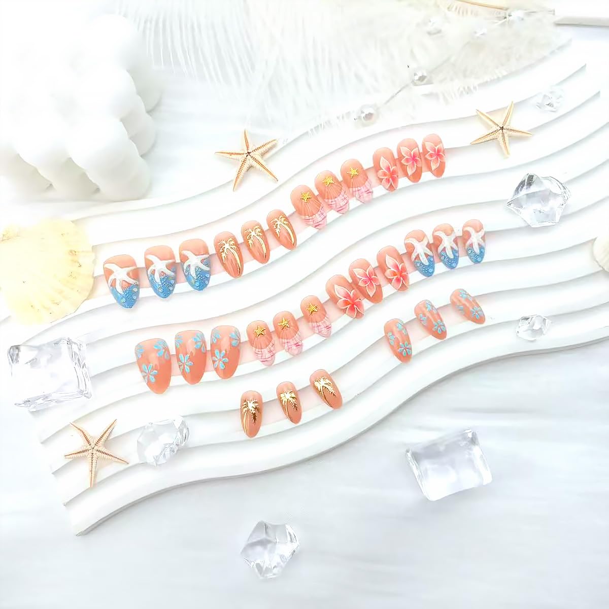 30 PCS Beach Press on Nails Medium Almond Fake Nails Blue French Tip False Nails with 3D Starfish Designs Glue on Nails Summer Coconut Trees Stick on Nails Flower Full Cover Acrylic Nails for Women