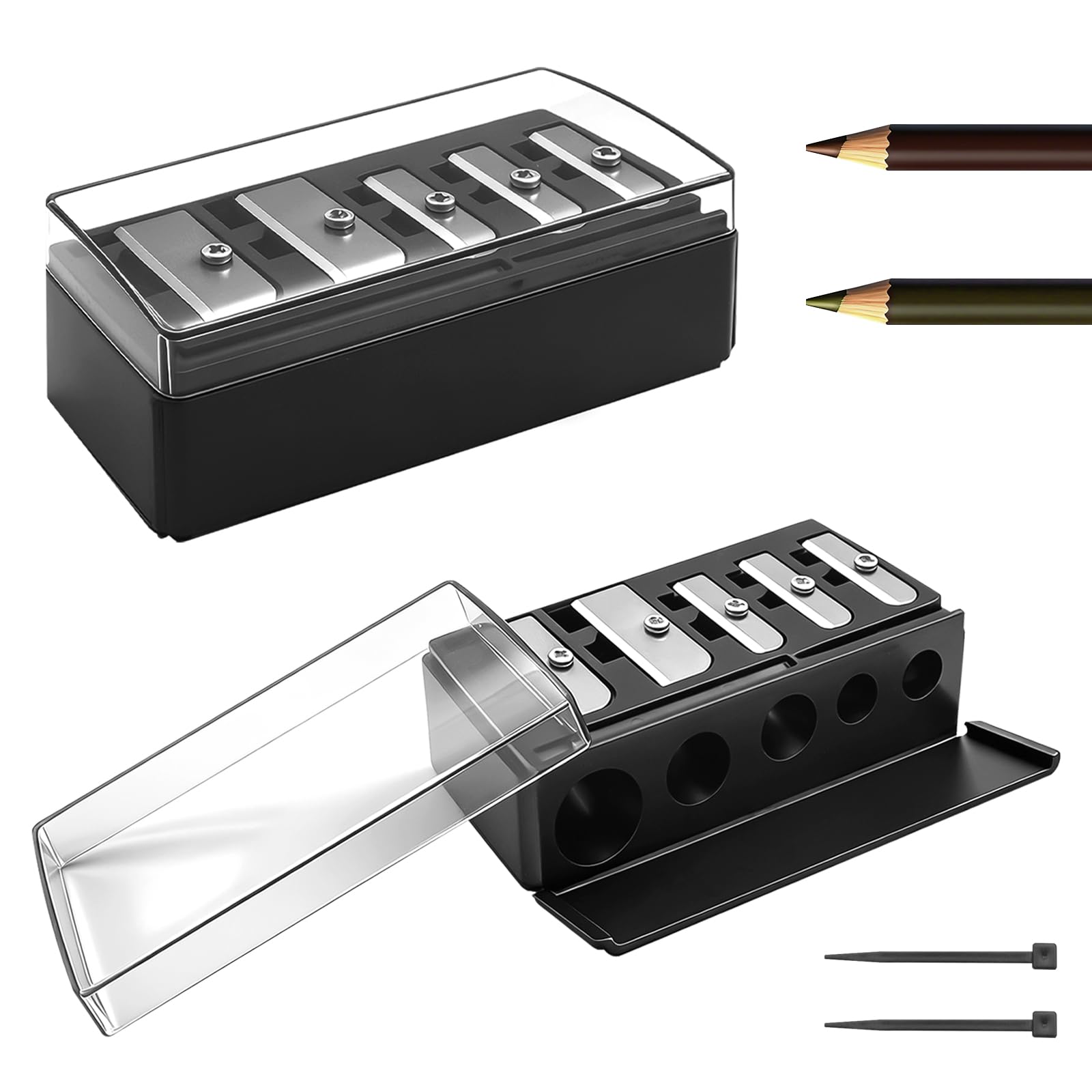 2 PCS Eyeliner Pencil Sharpener, 5 Hole Long Point Lip Liner Sharpener with Plastic Lid, Makeup Pencil Sharpener for Eyeliner, Lip Liner & Highlighter