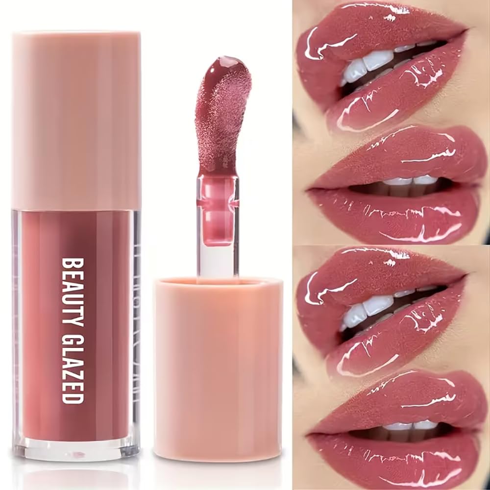 2Pcs/Set Lip Gloss & Lip Liner Set Mocha Brown – Lip Plumping Effect Lip Combo Set for Volume Lips, Fuller Looking Lips, High Shine Glass Lips Look, Gradient Lips & Over Lip Makeup Viral Lip Combo