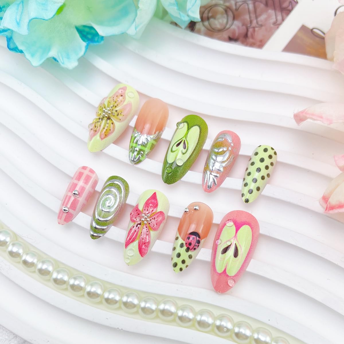 24Pcs Y2k Press on Nails French Tips Long Almond Fake Nails Fruit Polk Dot Glue on nails 3D Flower Cut Apple Design False Nails Full Cover Silver Line Handmade Nail for Women Decor