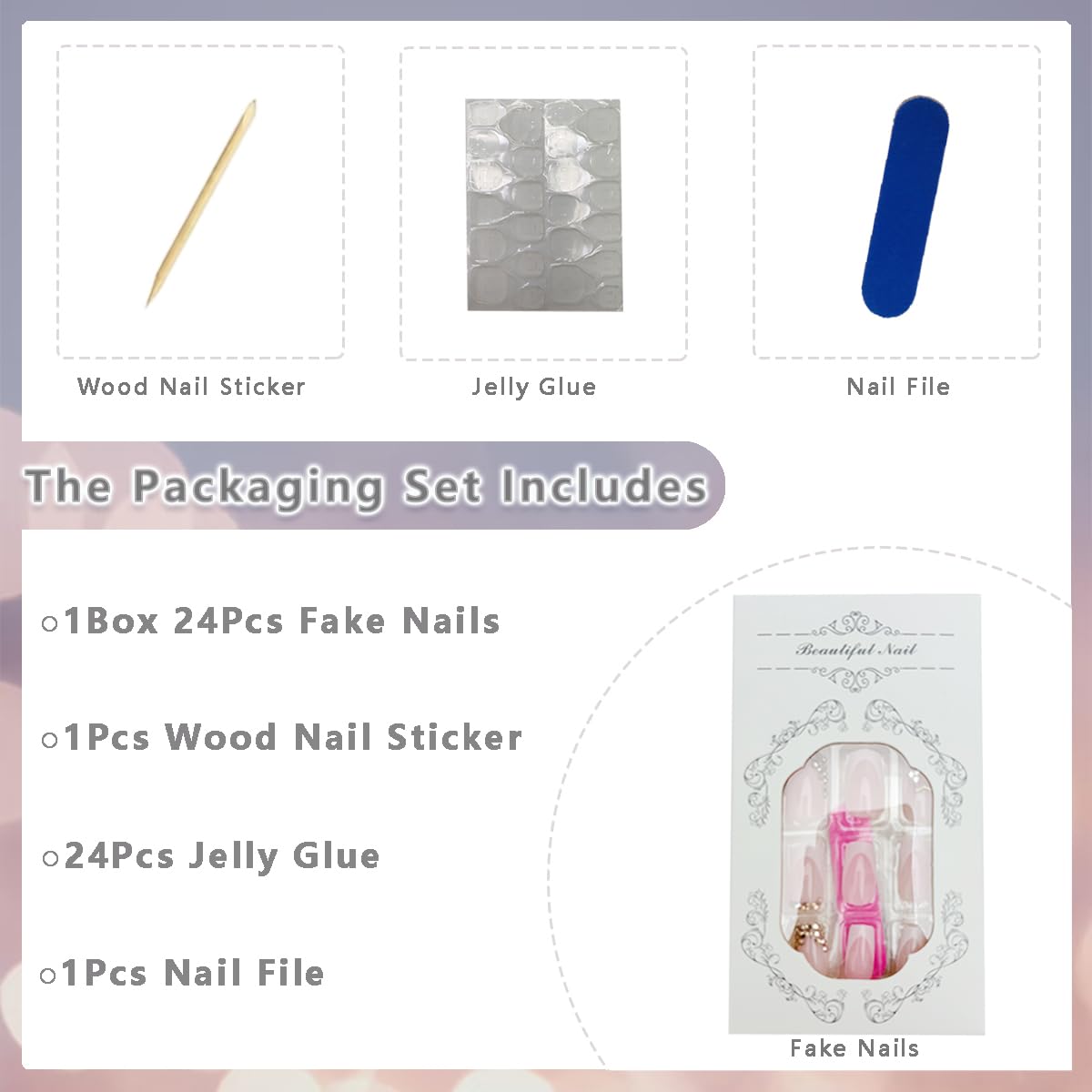 24Pcs White French Tip Press on Nails Short Square Fake Nails 3D Star Charms Design Acrylic False Nails Gold Rhinestones Nail Tips Press ons Full Cover Glossy Nude Pink Glue on Nails for Women Girls