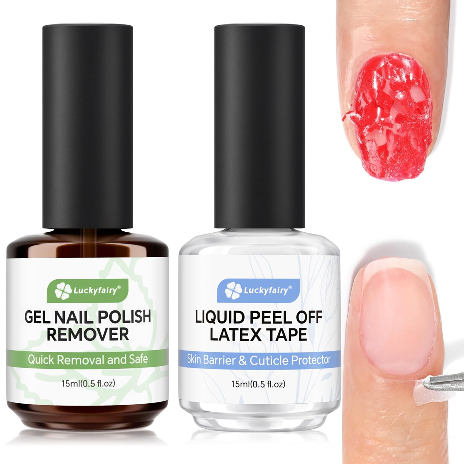 Luckyfairy Gel Nail Polish Remover: 15ml Nail Polish Remover with Liquid Latex for Nails Peel off, Fast & Easy Remove Gel Polish in 2-5 Minutes, No Soaking or Wrapping, Cuticle Protectors