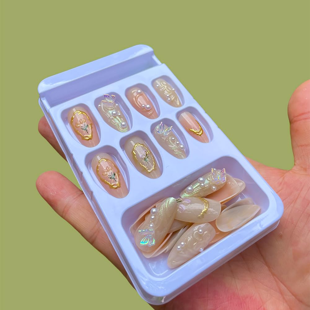 3D Butterfly Press on Nails 24PCS Almond Shaped White French Cute False Nails Full Cover Reusable Artificial Pink Fake Nail Kit Glossy With Pearl Design Acrylic Fake Fingernails For Women Girls