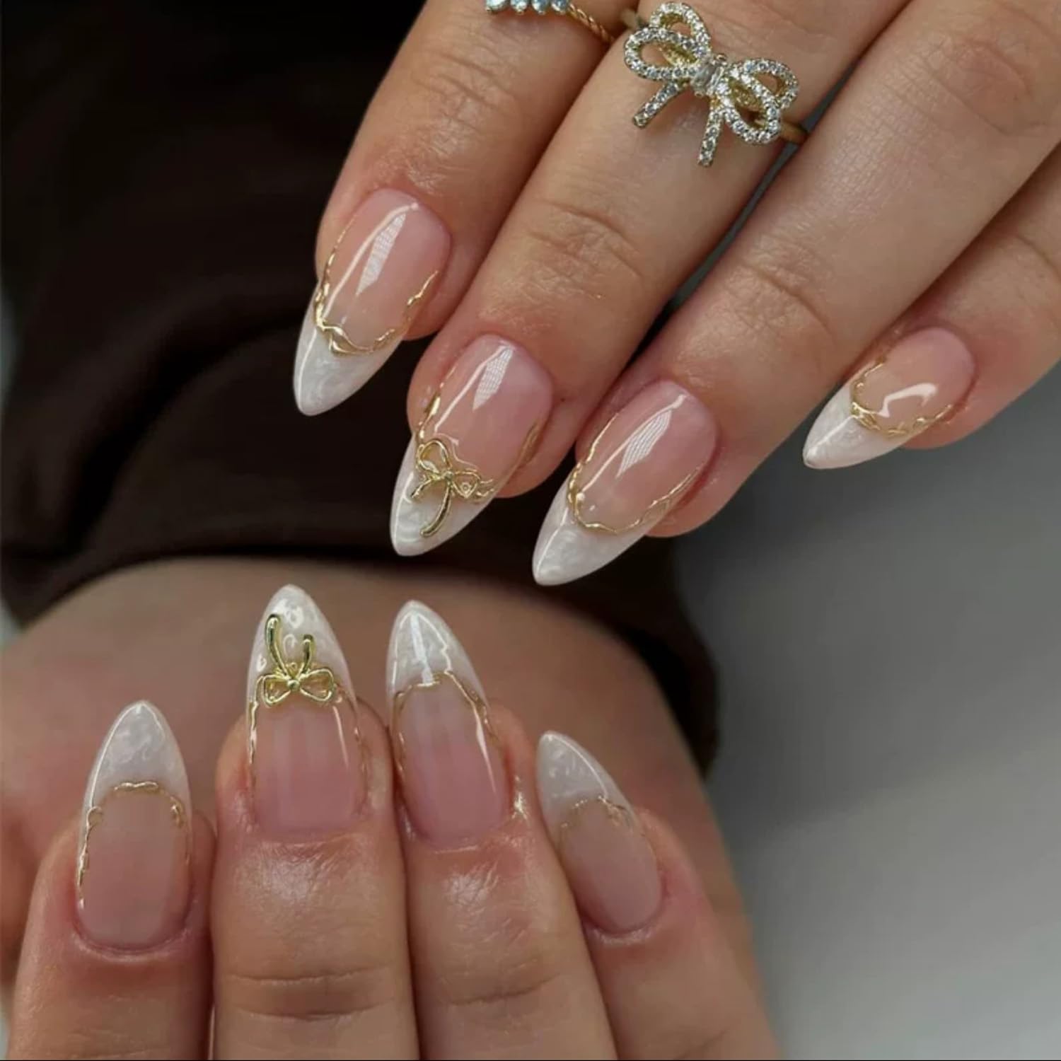 24Pcs French Press on Nails Almond Fake Nails Tip with 3D Gold Bow Lines Design White French Nails Exquisite Cute Bows False Nails Artificial Nails Acrylic Stick on Nail for Women Manicure Decoration