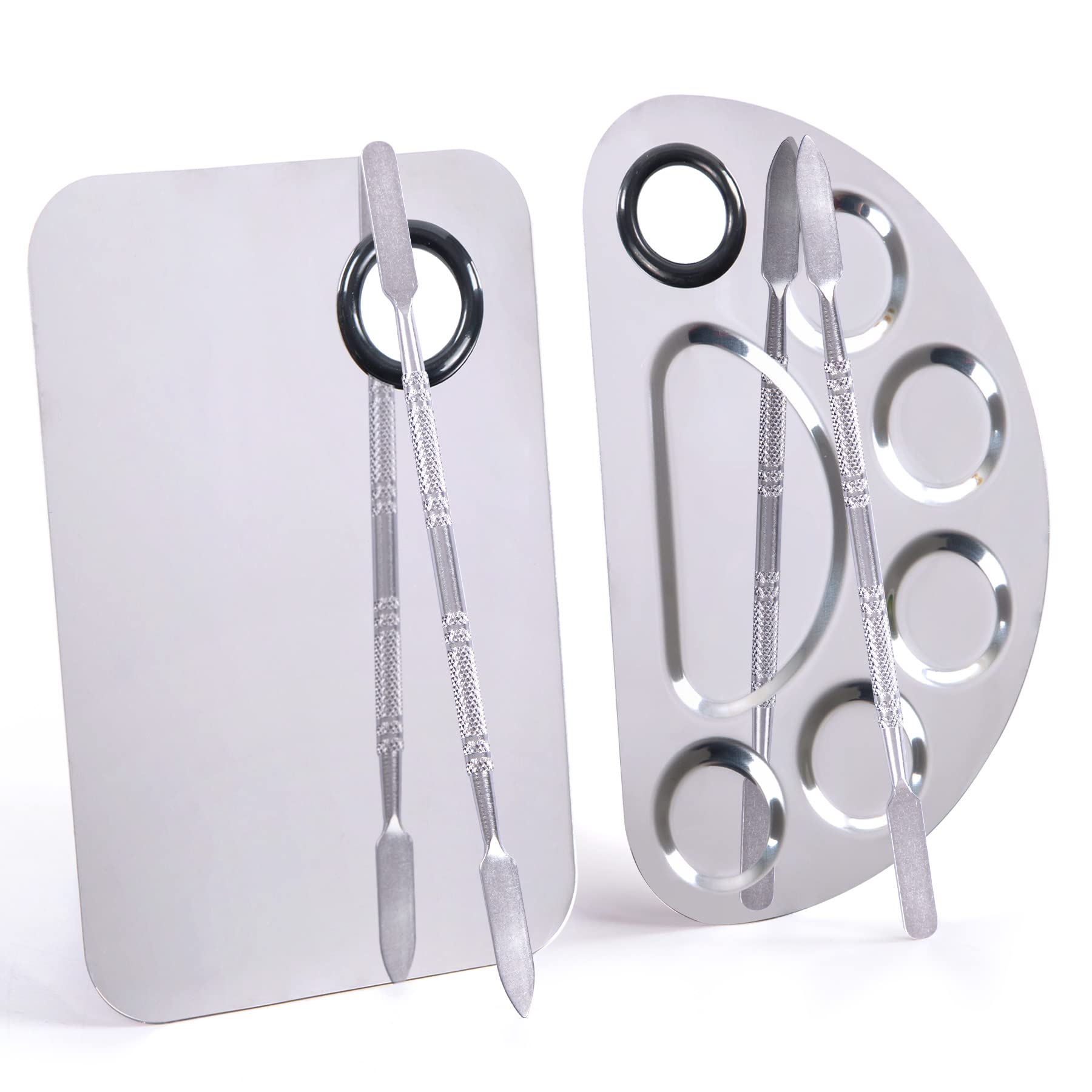 Stainless Steel Metal Makeup Palette with Spatula Artist Tool for Mixing Foundation Nail-Art, Cosmetic Makeup Palette, Makeup Plate, 6×4"/Silver/2pcs