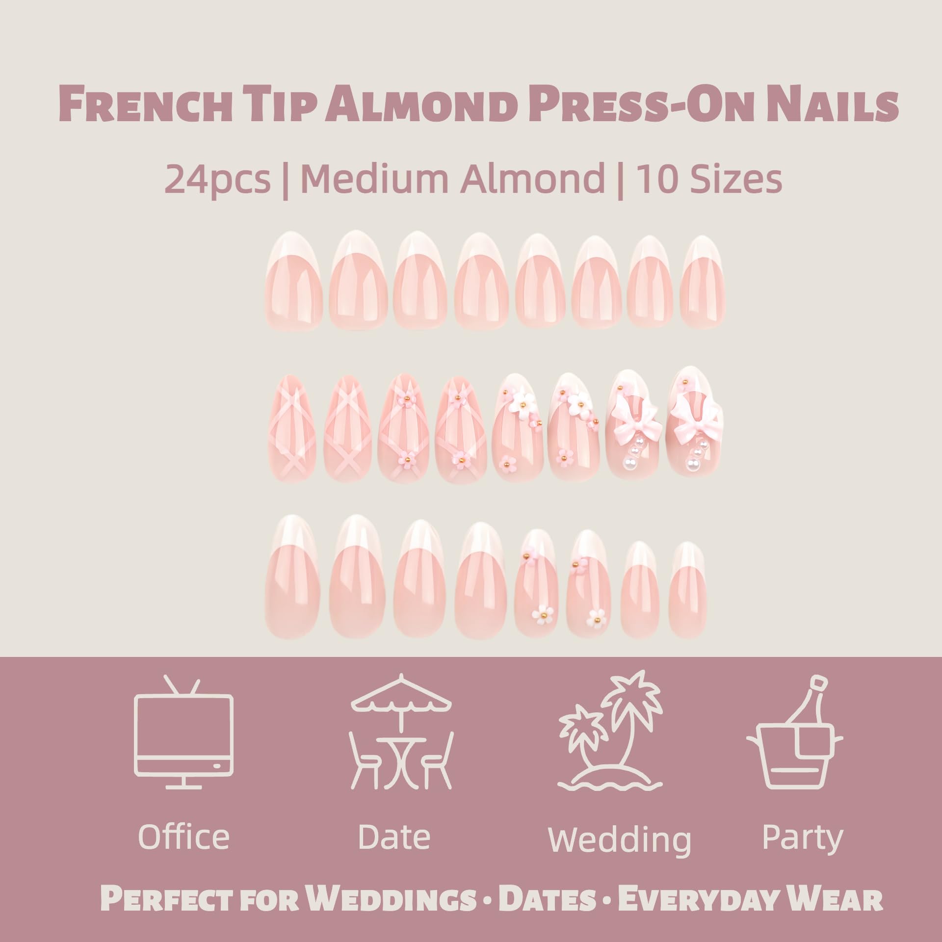 VELINNA Coquette Bow Press-On Nails, 24pcs Blush Pink French Tip Almond Fake Nails with 3D Bow & Pearls, Medium Length Reusable Glue-On Nails Kit for Wedding, Prom & Date