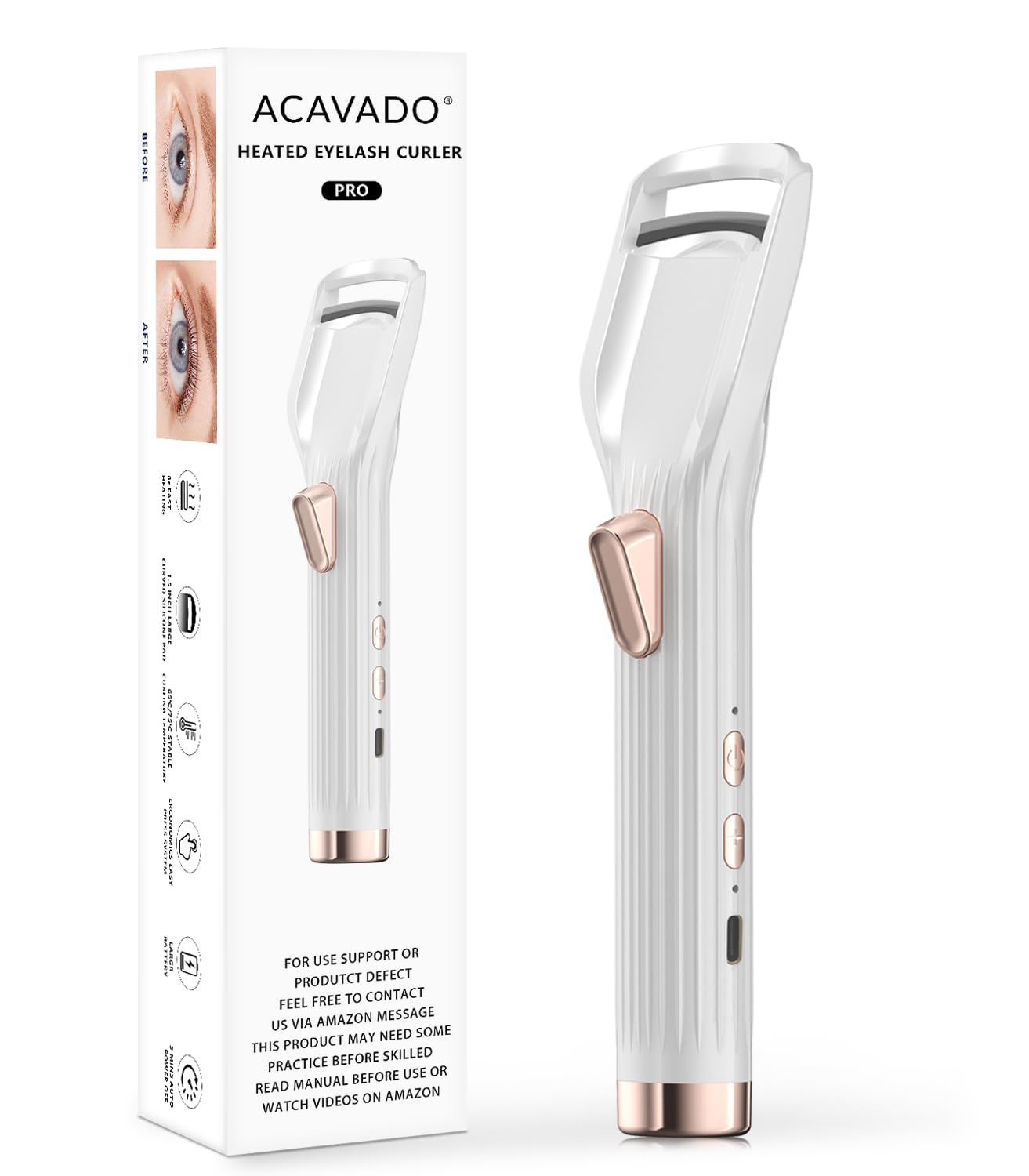 Heated Eyelash Curler Premium PRO - Fast Heat up in 8s - 24 Hours Long Lasting - Rechargeable Electric Eyelash Curler with Type-C, Innovative L Silicone, 2 Heat Modes, Anti-Burn Eyelid, White-HB