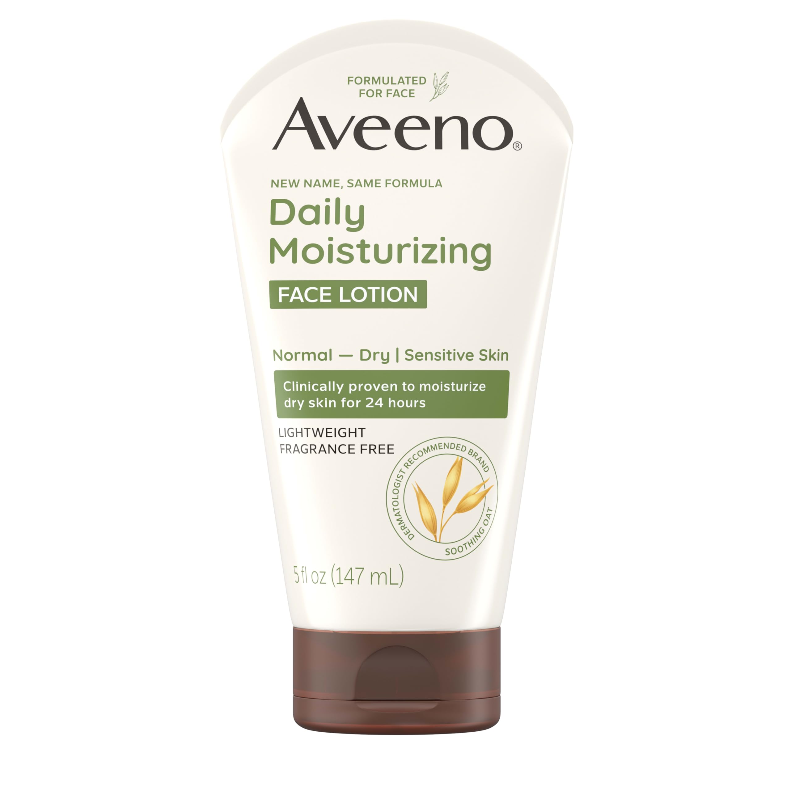 Aveeno Daily Moisturizing Face Lotion with Soothing Prebiotic Oat, Lightweight Non-Greasy Facial Moisturizer for Normal to Dry, Sensitive Skin, 24-Hour Moisture, Fragrance-Free, 5 Oz