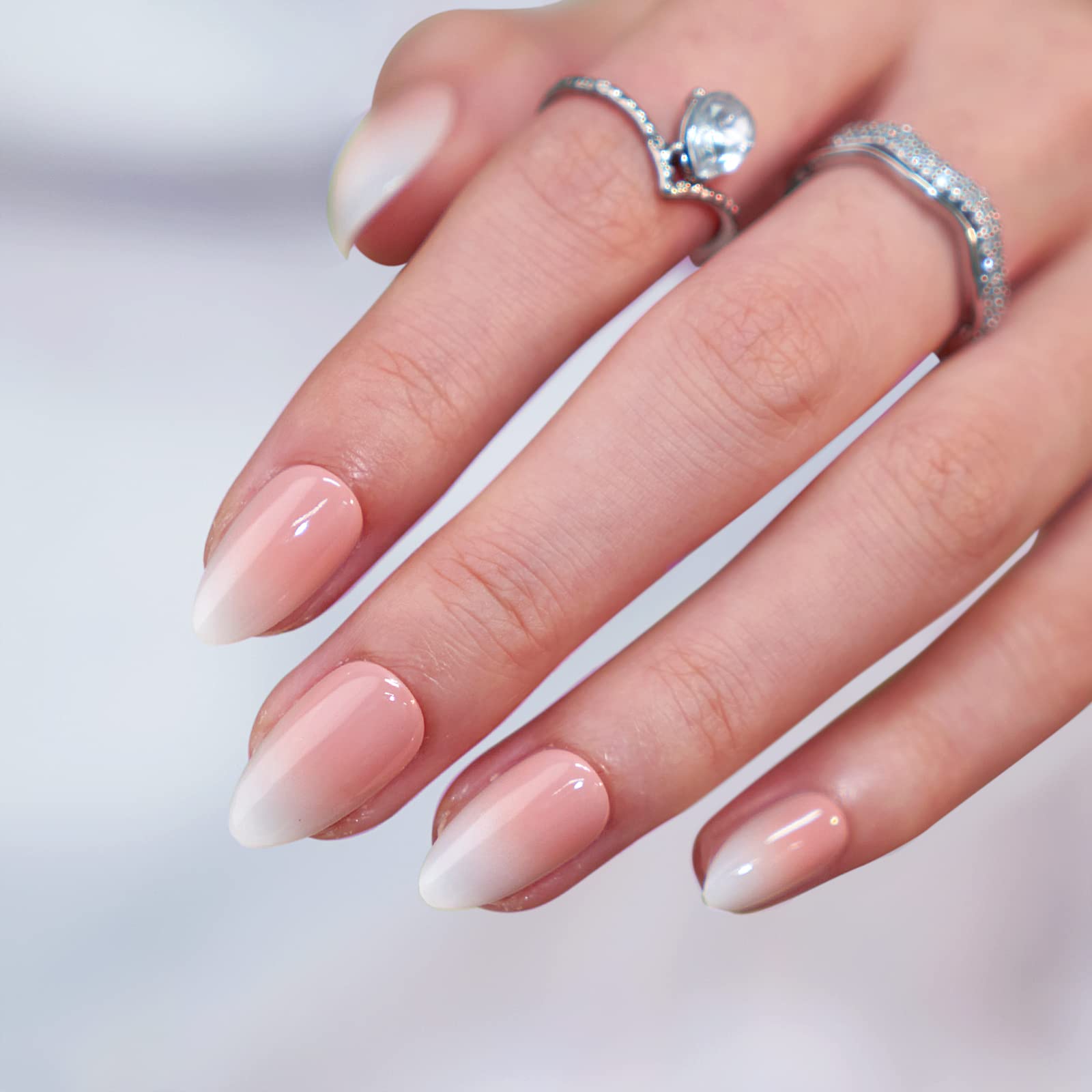 Almond Press On Nails Medium - BTArtbox Soft Gel Ombre Fake Nails with Nail Glue, Semi-Transparent Reusable Glue On Nails in 16 Sizes - 32PCS Stick On Nails Kit, Vanilla Cream Almond