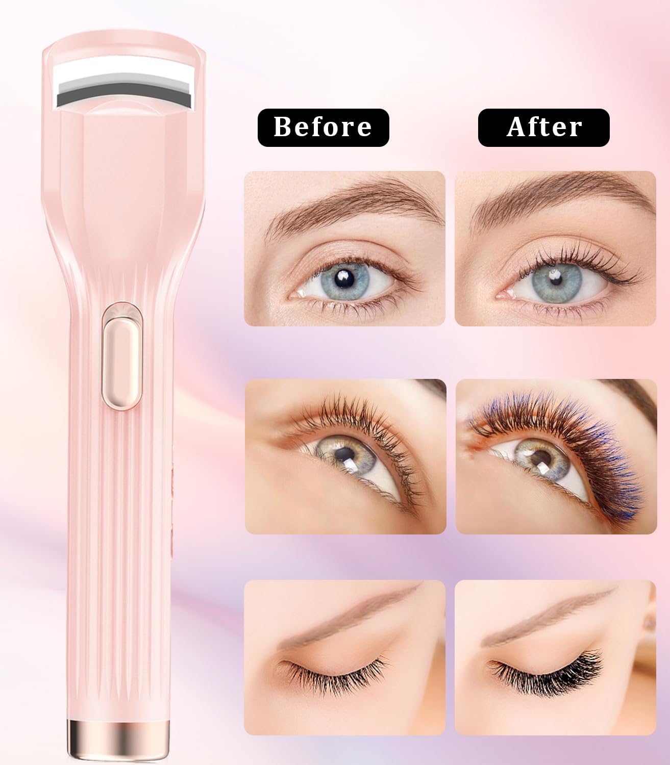 Heated Eyelash Curler Premium PRO - Fast Heat up in 8s - 24 Hours Long Lasting - Rechargeable Electric Eyelash Curler with Type-C, Innovative L Silicone, 2 Heat Modes, Anti-Burn Eyelid, Pink-HA