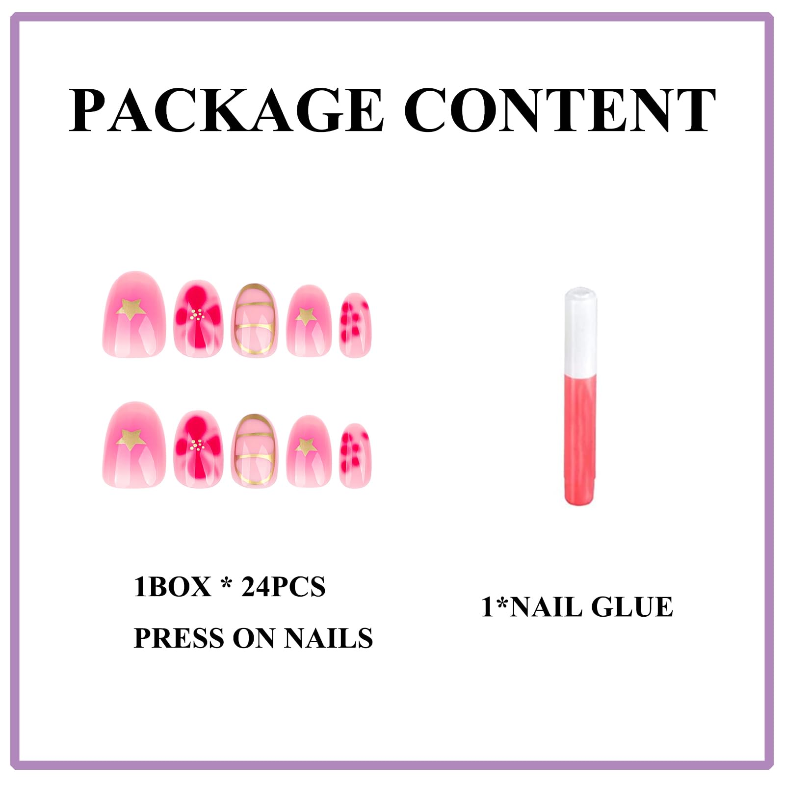 MERVF Oval Press on Nails Medium Pink Aura Fake Nails Flower Glue ons Gold Star Design Round Acrylic Y2K for Women Glossy 24pcs