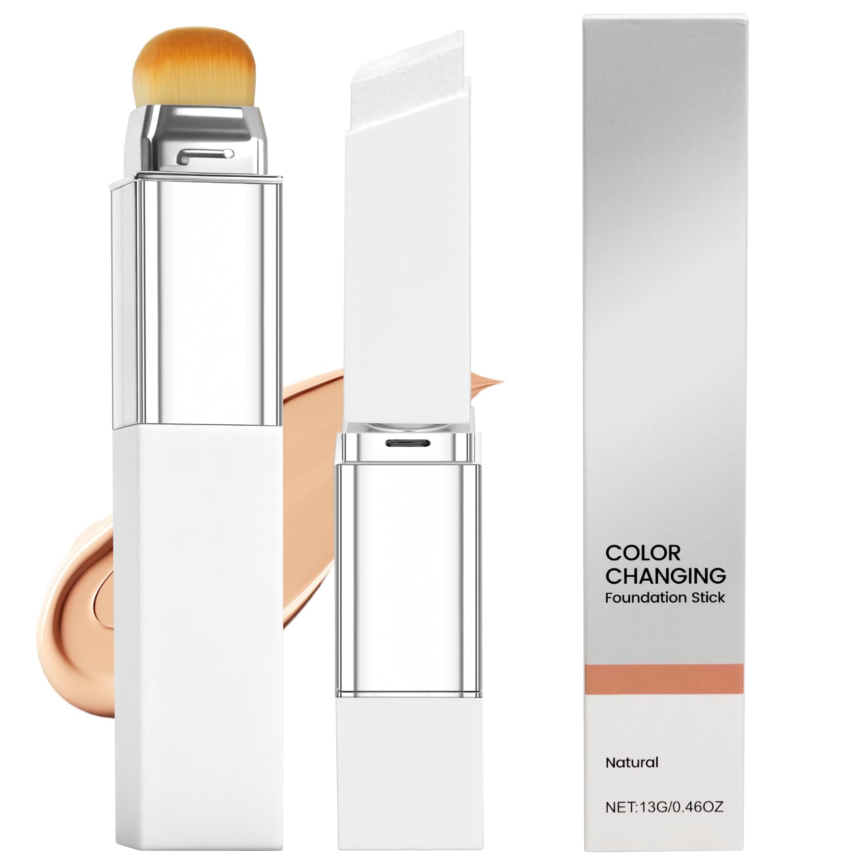 Color Changing Foundation Stick with Volufiline - Hydrating Concealer Base Makeup, Dual-Ended with Built-in Brush, Portable for Daily Use (Natural)