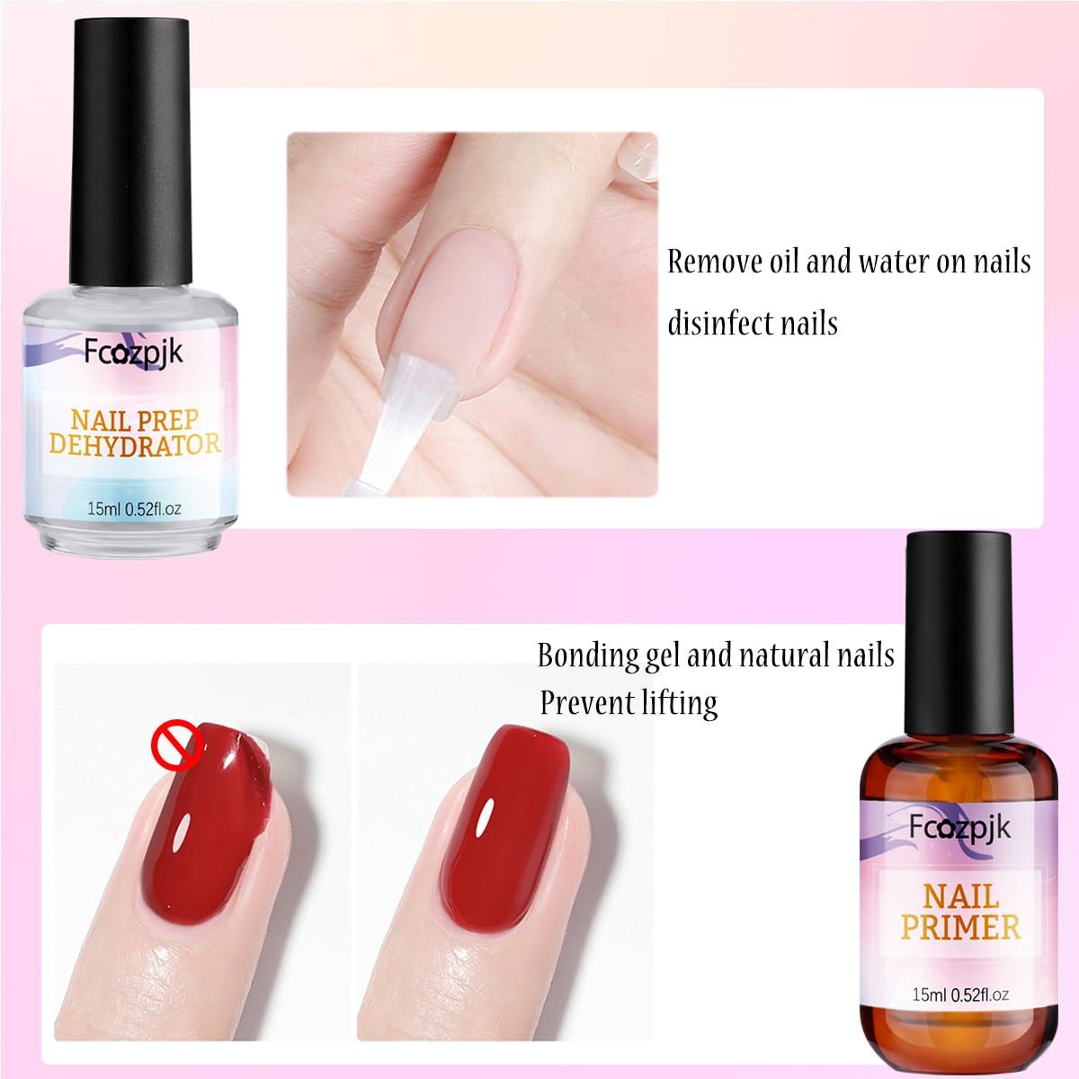 Fcozpjk Nail Dehydrator and Nail Primer with Cuticle Oil Set, Air Dry Bonding Primer for Acrylic Nails No Lift, Acid-free Prep Dehydrator, Natural Cuticle Oil for Nails, Manicure Accessories