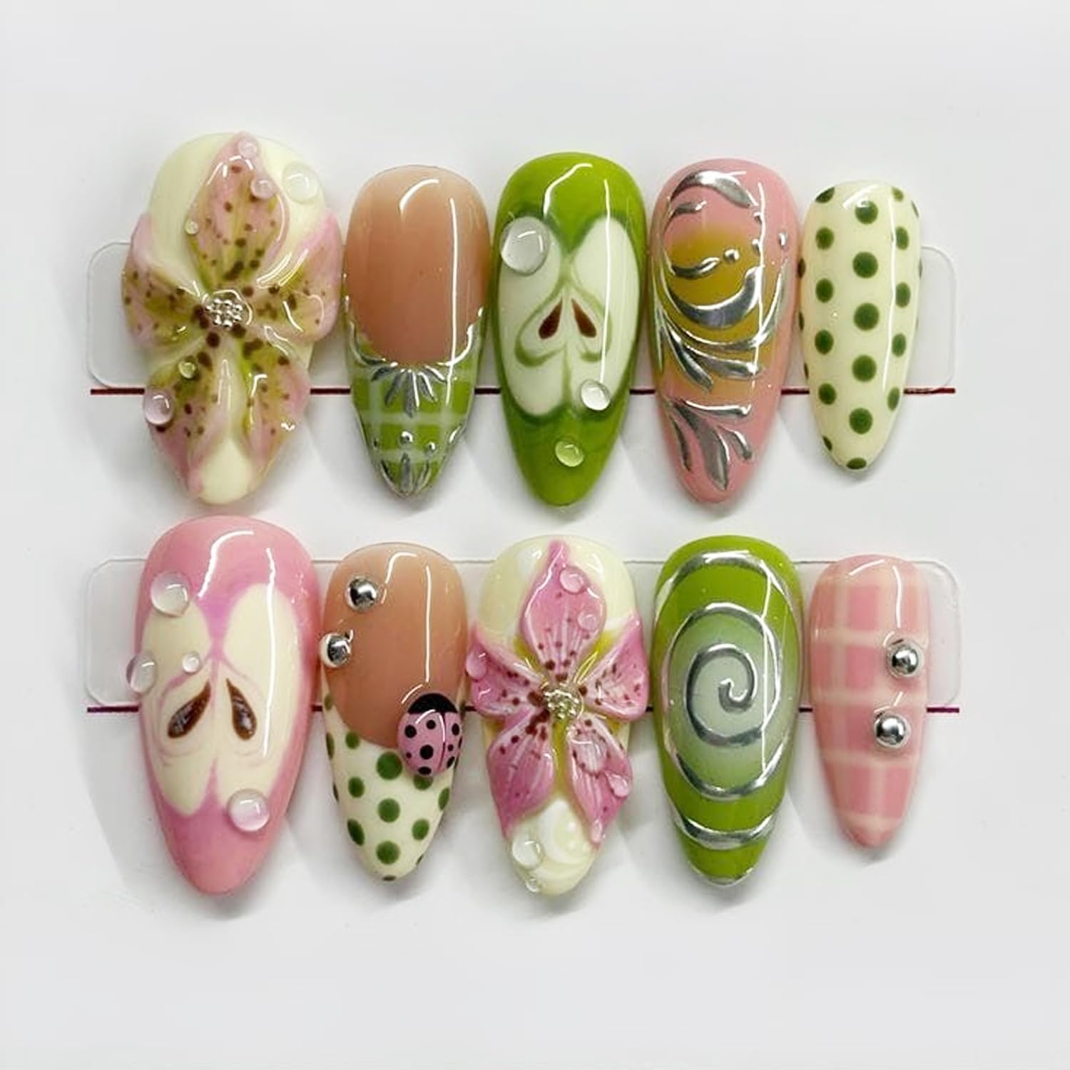 24Pcs Y2k Press on Nails French Tips Long Almond Fake Nails Fruit Polk Dot Glue on nails 3D Flower Cut Apple Design False Nails Full Cover Silver Line Handmade Nail for Women Decor