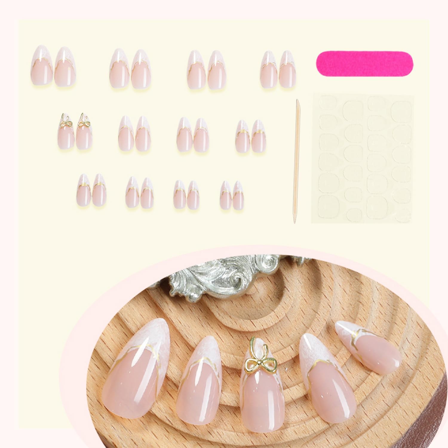 24Pcs French Press on Nails Almond Fake Nails Tip with 3D Gold Bow Lines Design White French Nails Exquisite Cute Bows False Nails Artificial Nails Acrylic Stick on Nail for Women Manicure Decoration